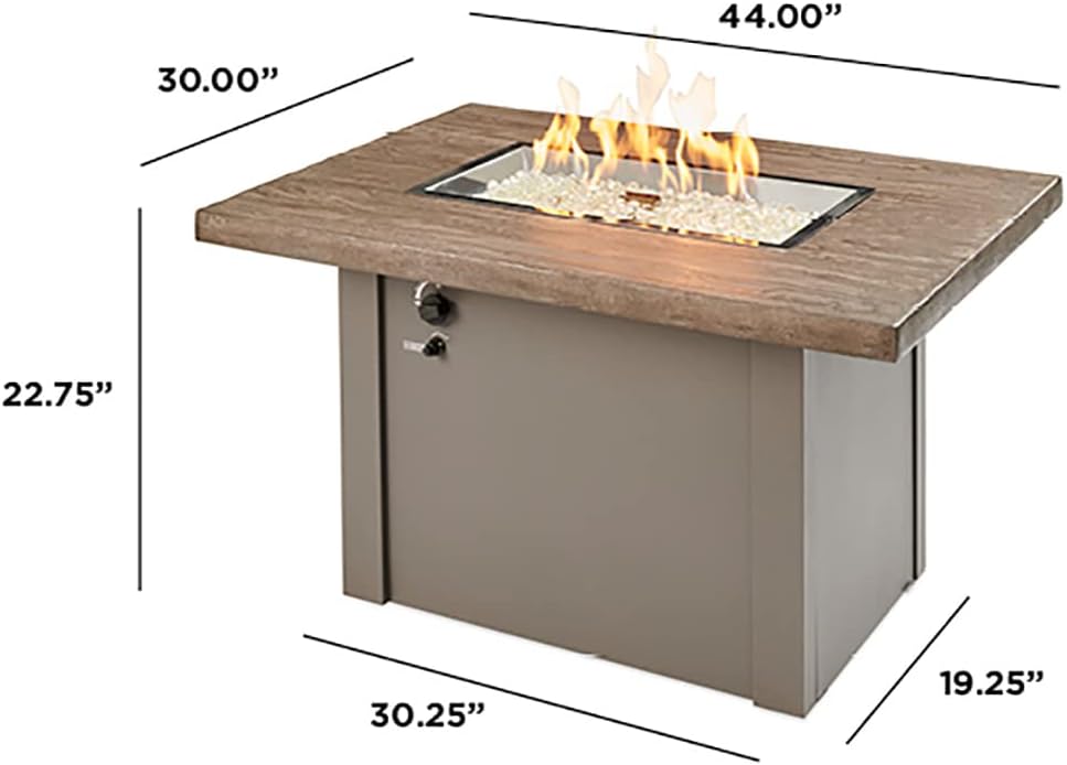 Outdoor GreatRoom Co Propane Fire Pit Table - Havenwood Gas Fire Pits for Outside Patio - 44 Inch Rectangular Driftwood Concrete Firepit Fire Table, Glass Tabletop Cover, Grey Metal Base, 55,000 BTU