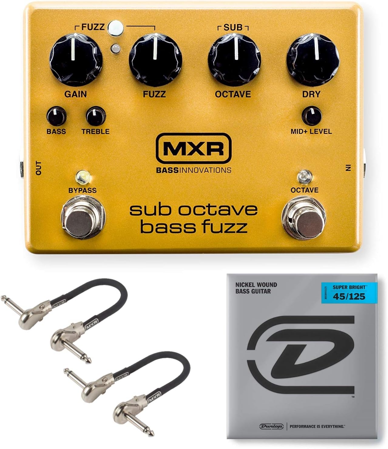 MXR M287 Sub Octave Bass Fuzz Bundle with 2 MXR Patch Cables and Dunlop Super Bright Bass Strings, Nickel Wound (Medium .045–.125, 5 Strings/Set)