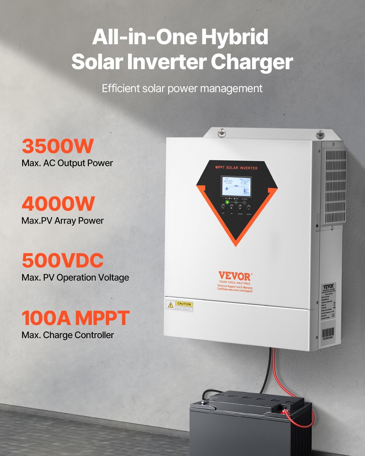 VEVOR Hybrid Solar Inverter, 3500W, All in One Pure Sine Wave Power Inverter Charger, 24V DC to 220/230V AC, with Built-in 100A MPPT Solar Controller, for Off-Grid System Lead Acid Lithium Battery