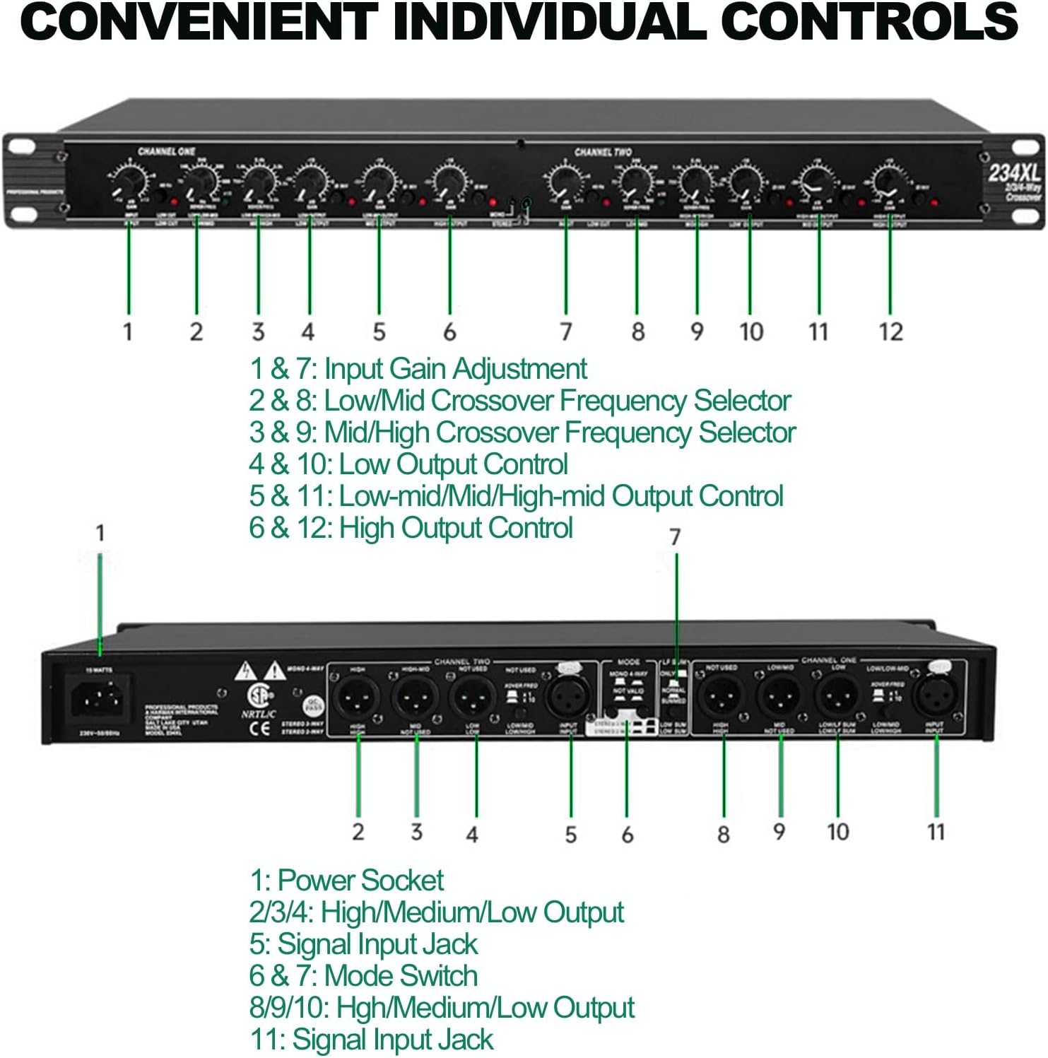 Professional Audio Crossover, 2-Way 3-Way Stereo 4 Way Mono Crossover Audio Sound Processing Crossover for PA System Stage Performance, XLR Input Output and Subwoofer (234XL)