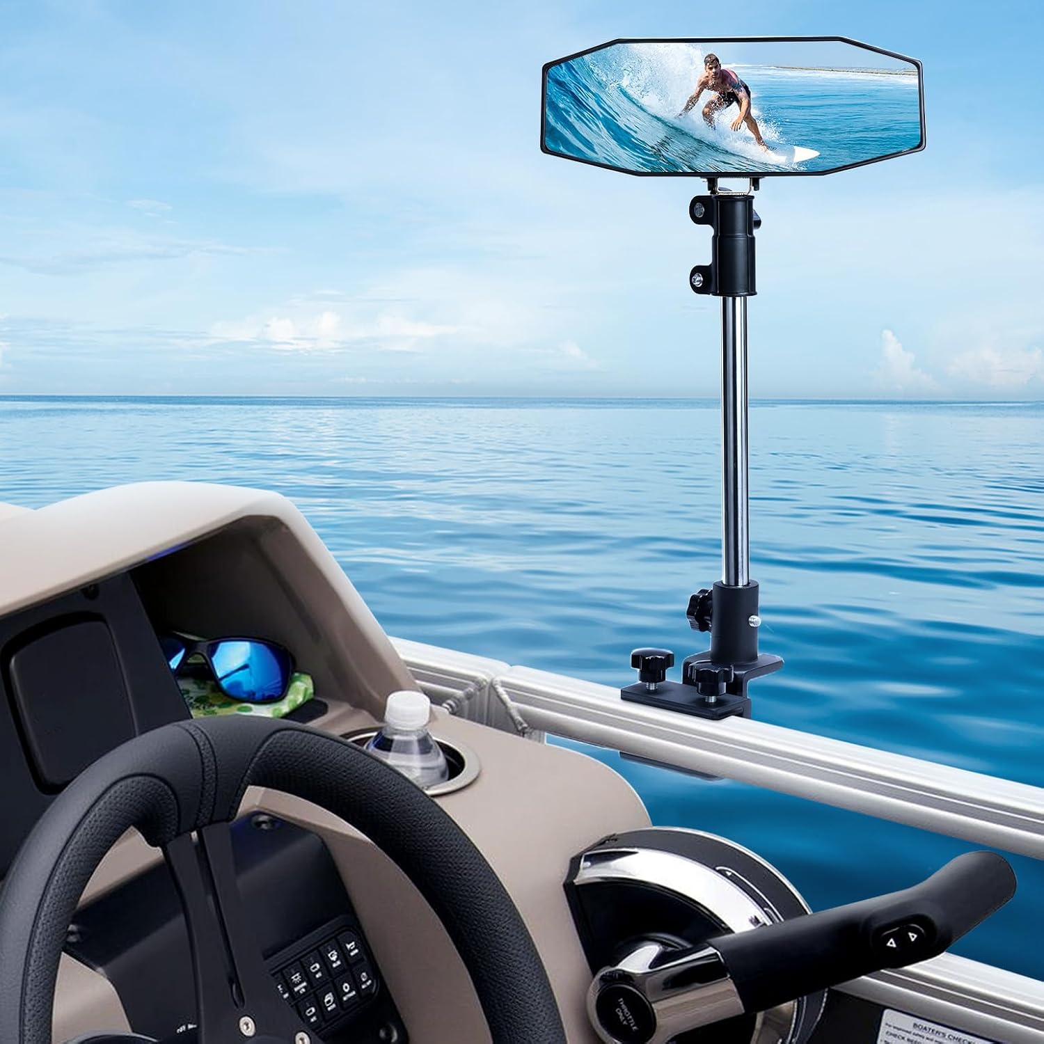 KEMIMOTO Pontoon Boat Mirror Rear View with Telescoping Pole, 10.5“ x 4” Extra Large 360° Adjustable Marine Mirror for Pontoon Rail or Bimini Top, Ski Boats Water Skiing, Pontoon Boat Accessories