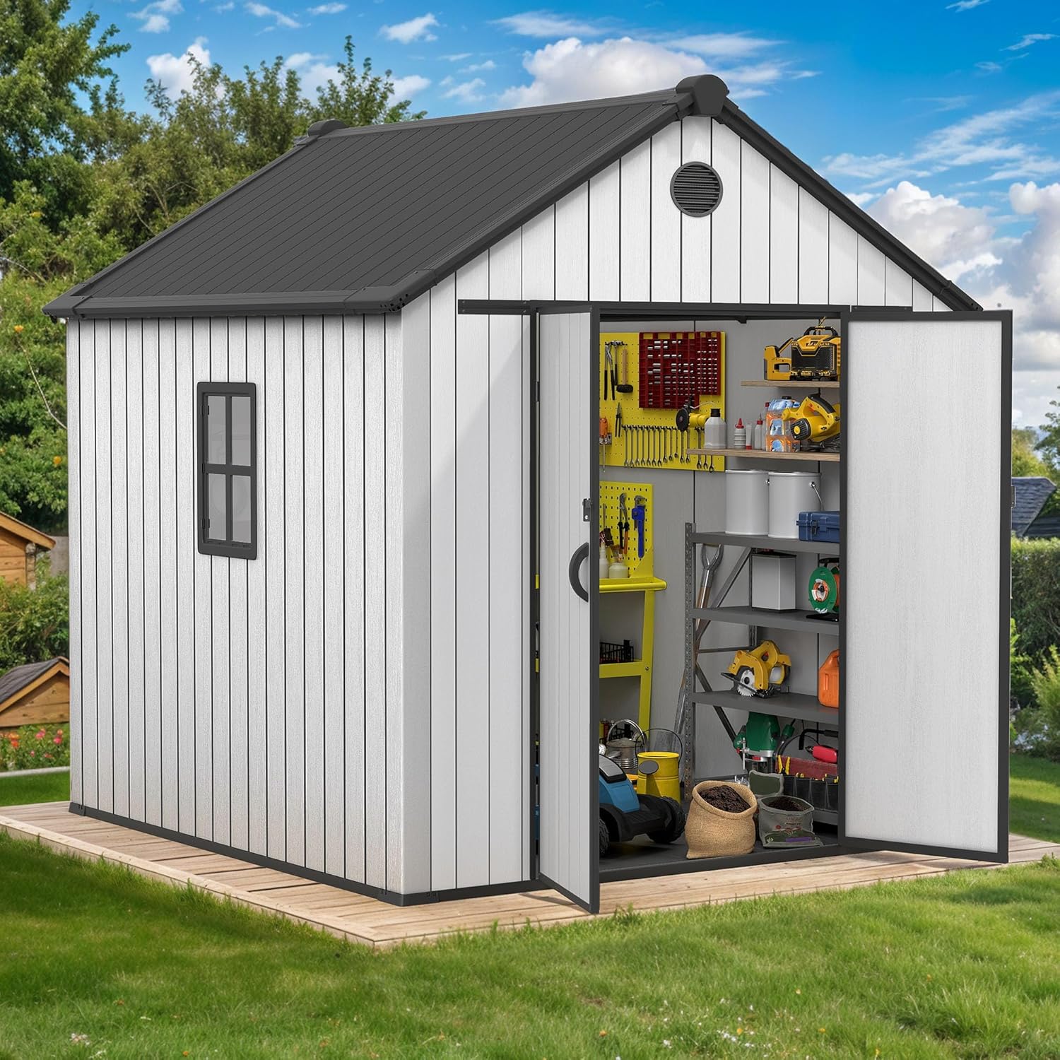 DWVO 8x8 FT Outdoor Storage Shed, 359 cuft Plastic Storage Shed with Floor & Lockable Door, All-Weather Tool Garden Shed with Window & Vent for Patio Furniture, Lawn Mower, Bike, Pool Supplies, Gray