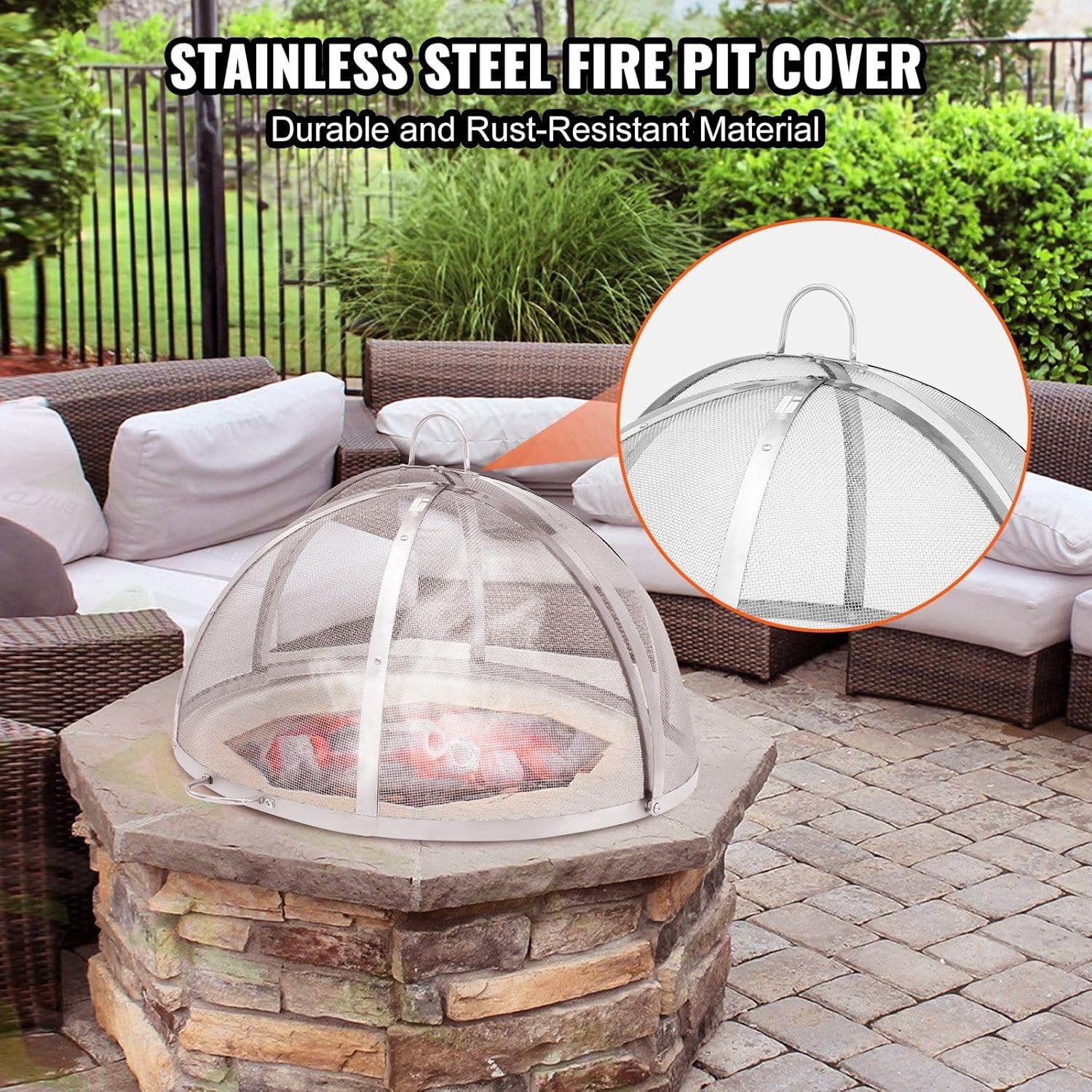 40-Inch Fire Pit Spark Screen Lid,Stainless Steel Firepit Cover with Tight Mesh and Dual Handles,Round Outdoor Fire Pit Accessories for Patio,Backyard Fireplace