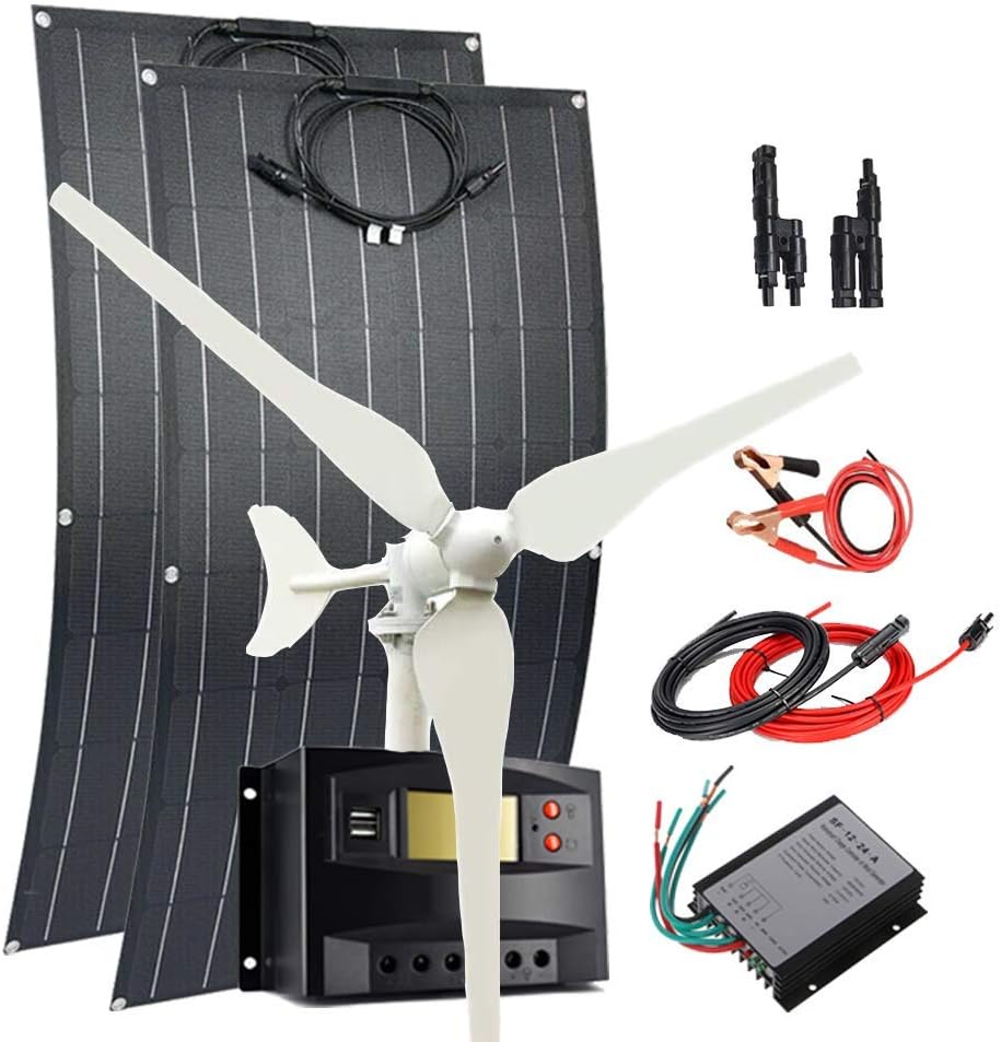 300W Solar Wind Power Kit Battery Charging System: 100W Wind Turbine Generator + 2pcs 100W Flexible Mono Solar Panel(Bump Surface) + Wind Controller + Solar Charge Regulator + Cables