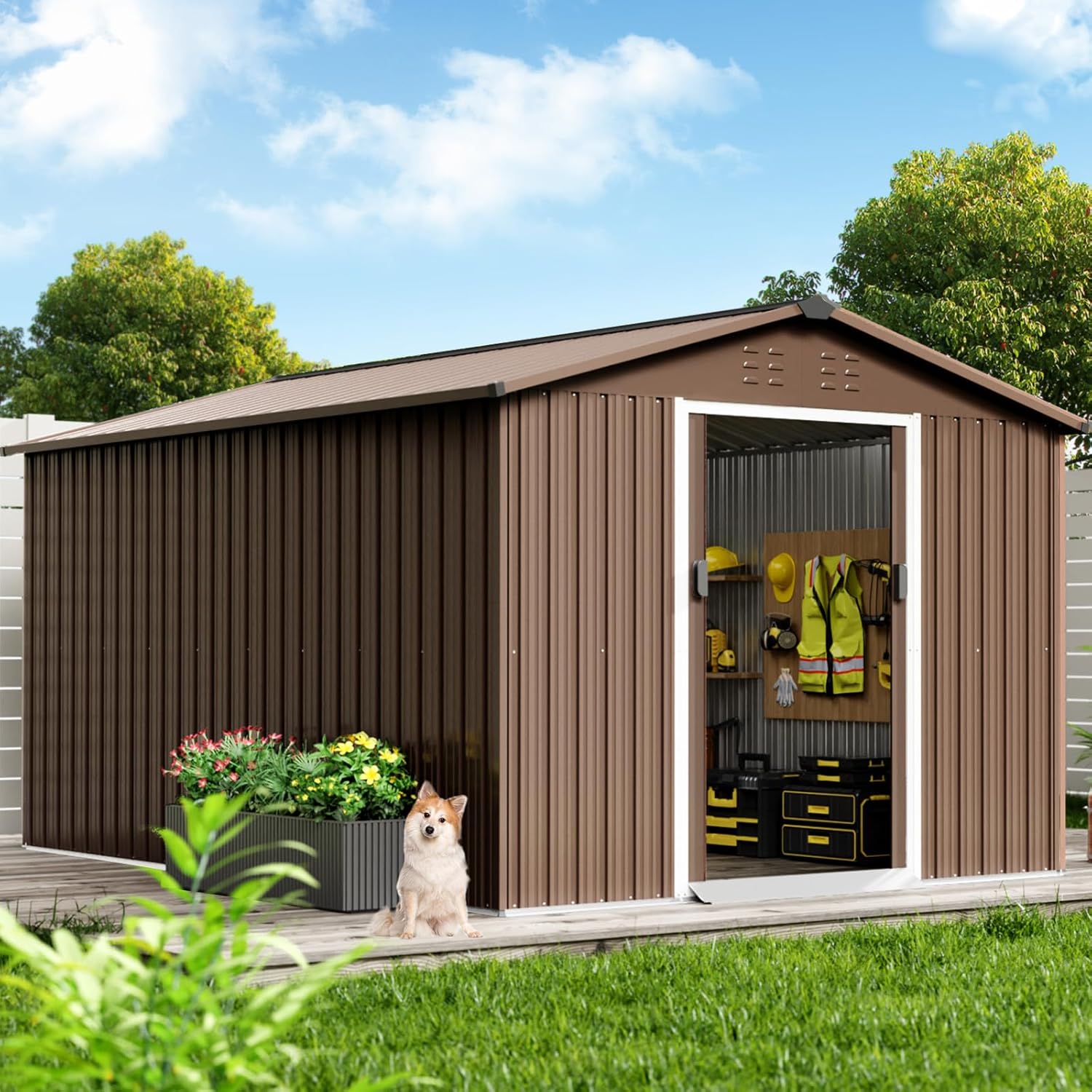 Outdoor Storage Shed, 12 x 8 ft Large Metal Aluminum Waterproof Tool Sheds with Frame Floor & Lockable Door, Storage House for Gardening Tools, Garden, Backyard, Lawn, Brown