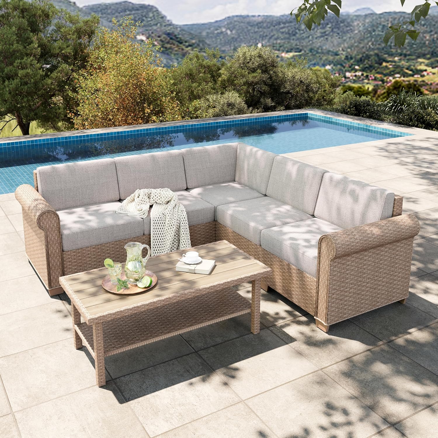 HERA'S HOUSE 6 Piece Patio Furniture Set, Outdoor Sectional Wicker Sofa with 44