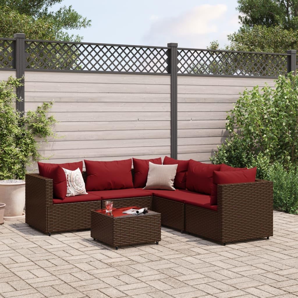 Furniture Sets 6 Piece Patio Lounge Set with Cushions Brown Poly Rattan,Durable Outdoor Sofa Set with Cushions and Glass Tabletop for Patio, Backyard and Terrace Garden Conversation Sets