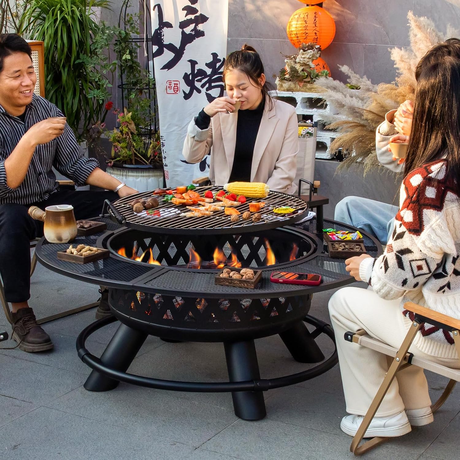 47 Inch Outdoor Fire Pits with Grill & Lid Outdoor Metal Wood Burning Fire Pit for Patio Multifunctional Large Firepit with Fire Poker for Backyard Garden Bonfire (Black)