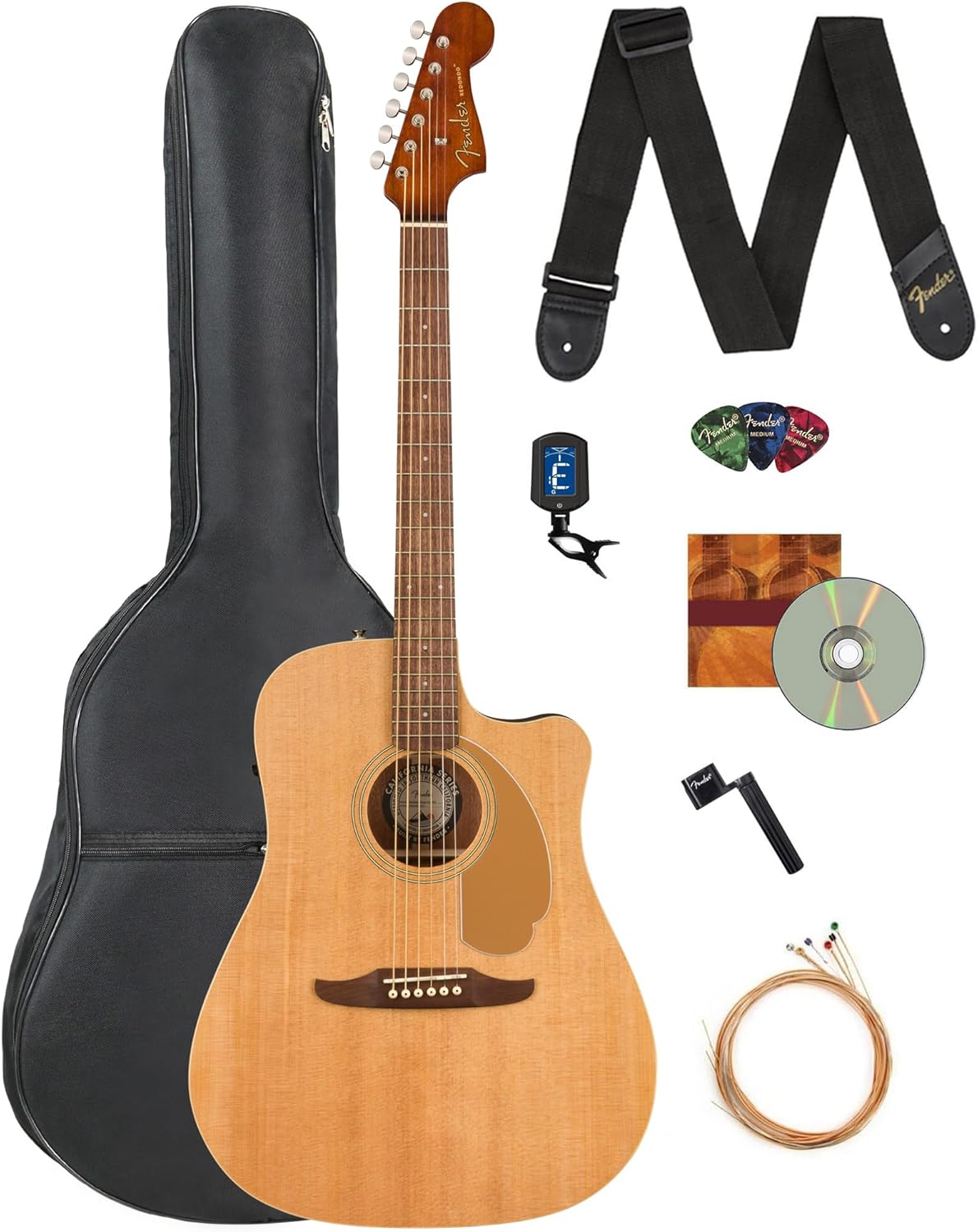 Fender Redondo Player Acoustic Electric Guitar Bundle with Midnight Blue Gig Bag, Strap, Clip-on Tuner, Strings, String Winder, Picks, and Austin Bazaar Instructional DVD - Natural
