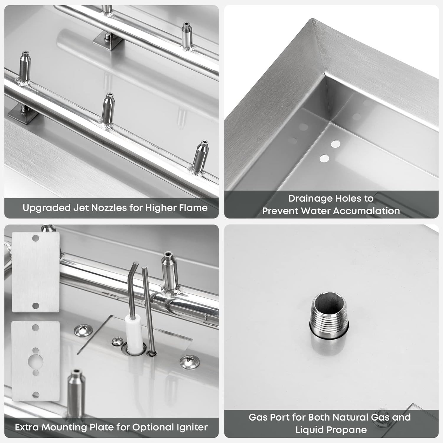 Stanbroil 30 x 10 Inch Upgrade Rectangle Fire Pit Pan with Jet Burner,304 Stainless Steel Natural & Propane Gas Firepits for Outside,High Flame,125,000 BTU Max