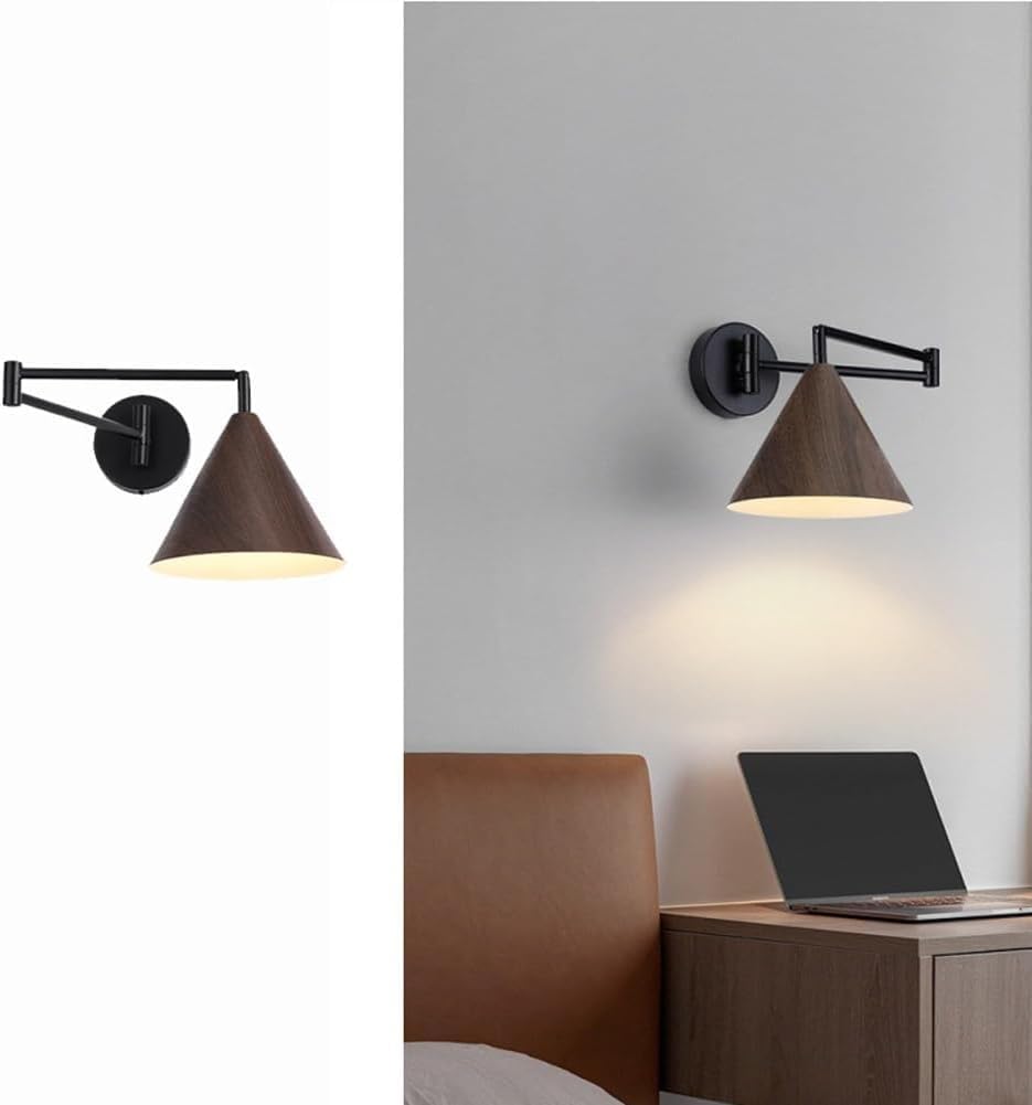 Wall Sconces, Metal Industrial Wall Light, E27 With Wood-Like Texture Shades, Vanity Sconces Wall Lights, Swing Arm Wall Lamp, Hard-Wired, For Bedroom Living Room Kitchen Lighting Fixtures(Wa