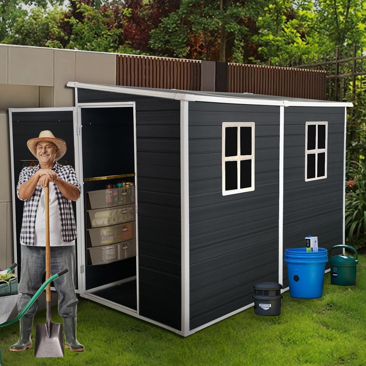 8x4 ft Outdoor Resin Garden Shed with Door, Floor and 2 Windows, Plastic Patio Outdoor Storage Shed with Lockable Door for Garden Tools, Bicycles, Trash Cans, Black