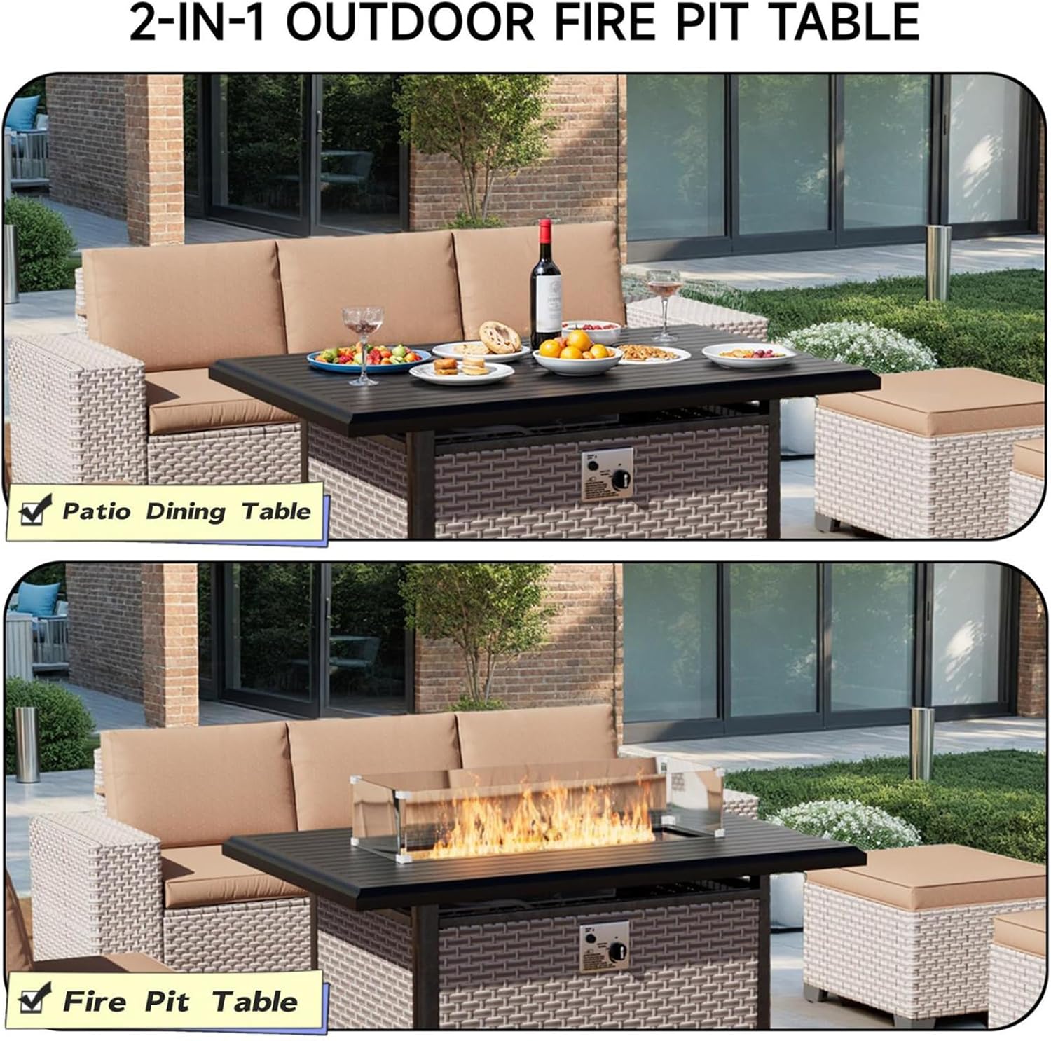 43 Inch Outdoor Propane Fire Pit 60,000 BTU Gas Fire Pits for Outside Patio with Steel Lid and Glass Wind Guard, 2-in-1 Firepit Table & CSA Certification, Grey Rattan