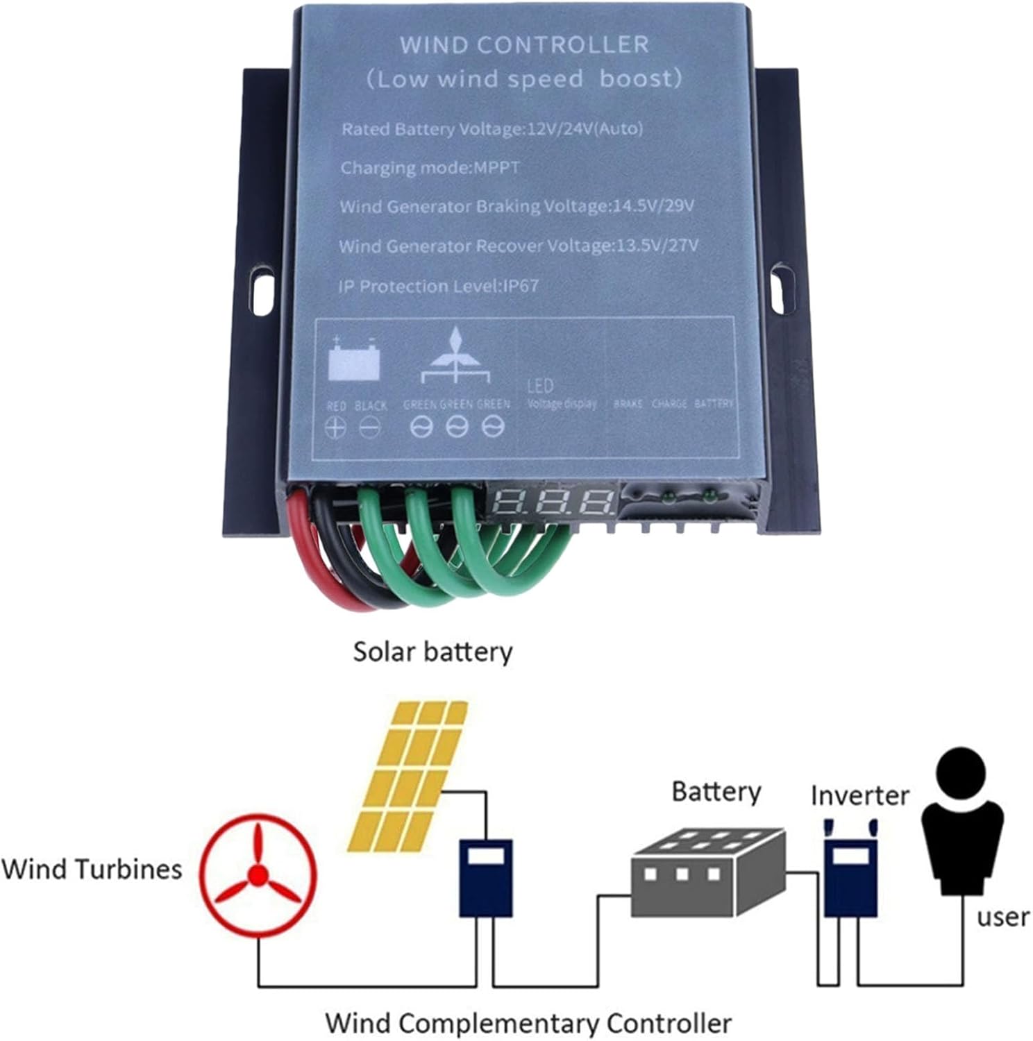 Wind Generator Controller, IP67 Waterproof Low Voltage Regulator,12V-220V with LED Indicator MPPT Control Method, Diode Indication (12000W)