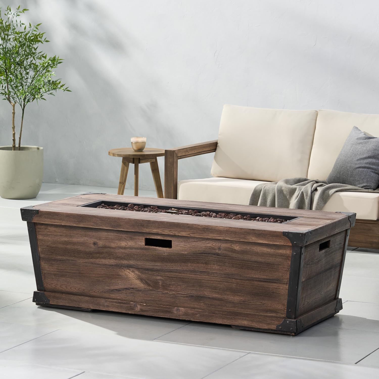 Rusttic Rectangle Concrete Gas Fire Pit Table - 56-Inch, 50,000 BTU Outdoor Patio Heater, Brown