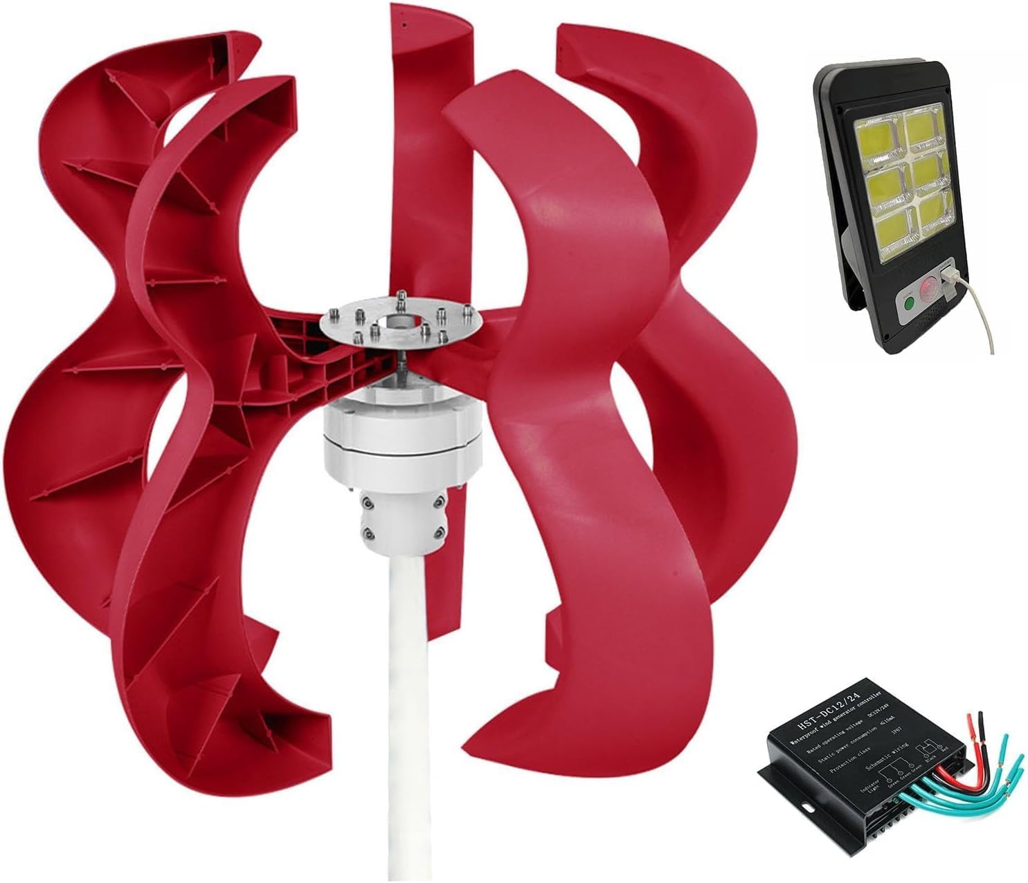 CAJUCA 9000W 5 Blade Hoist Wind Turbine Vertical Axis Wind Turbine Red Gourd Shape Low Wind Speed Starting AC with Controller and Solar Garden Light