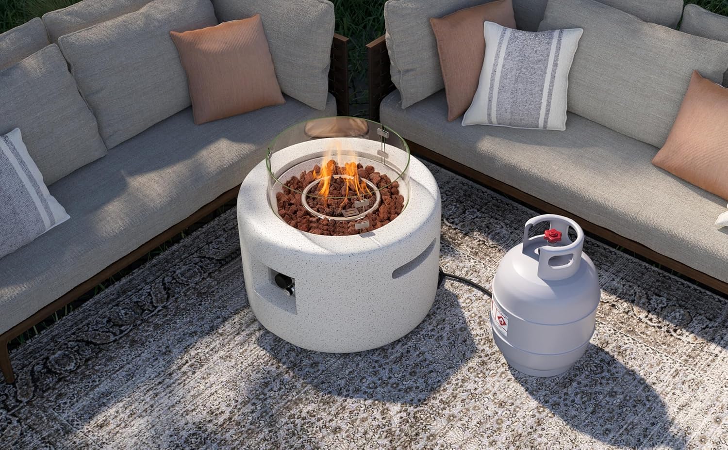 SUNBURY Outdoor Propane Fire Pit Table, 26 Inch Small Patio Gas Fire Table 50,000 BTU Column Fire Pit for Outside in Spotted White w Glass Wind Guard, Lava Rocks