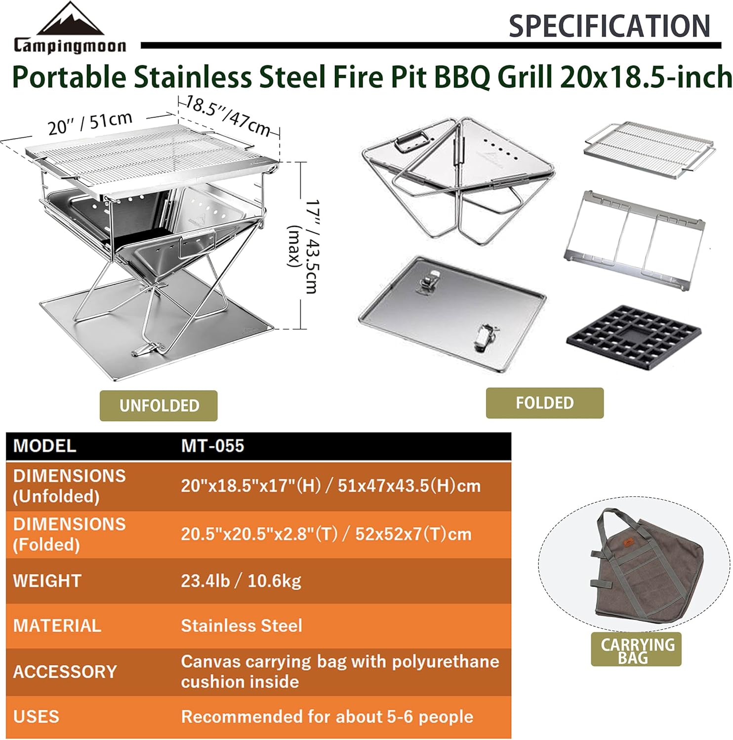 CAMPINGMOON Portable Stainless Steel Wood Burning Grill and Fire Pit 20-inch with Carrying Bag