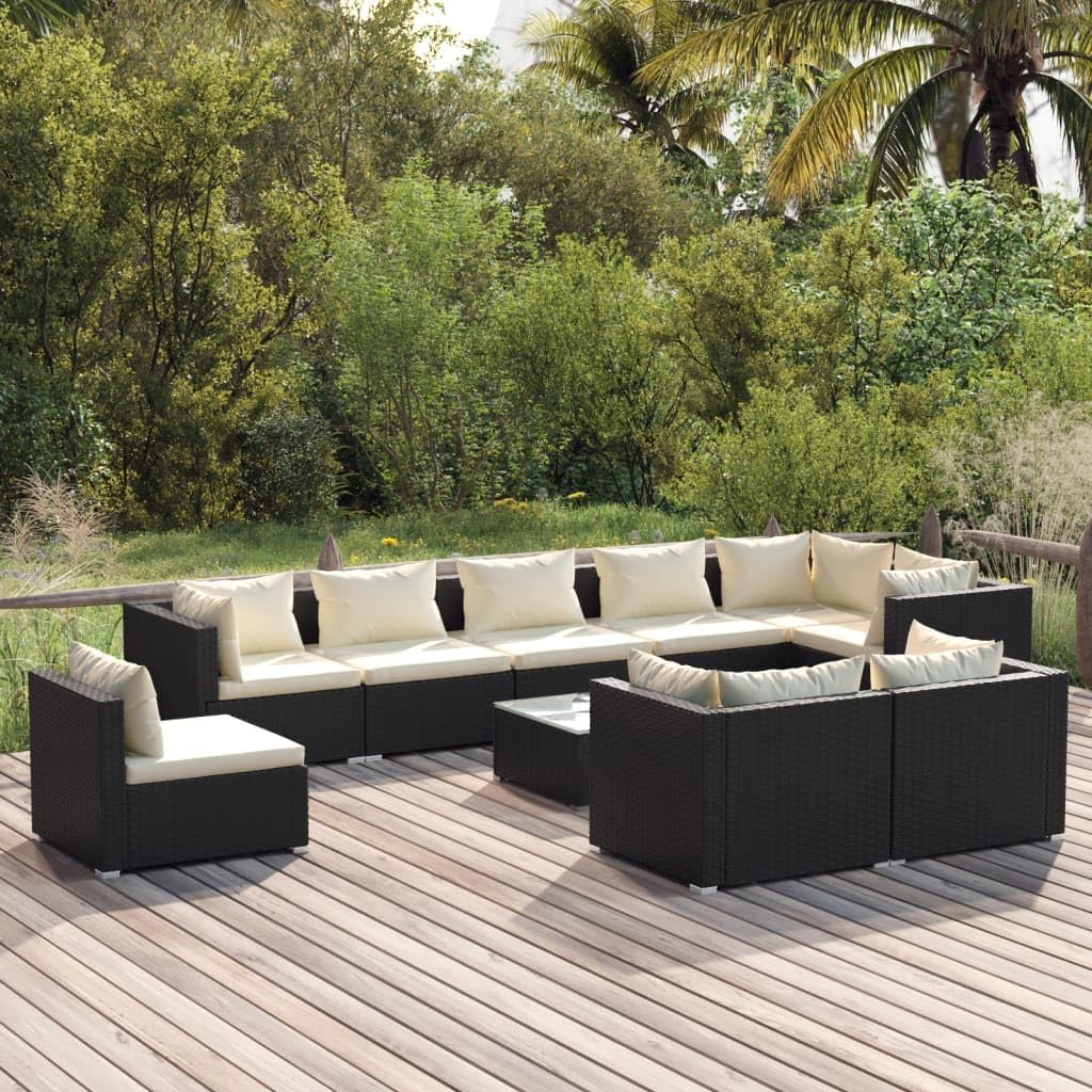 10 Piece Patio Lounge Set with Cushions Poly Rattan Black,Modern Poly Rattan Patio Lounge Set with Modular Design for Outdoor Relaxation Patio Furniture, Outdoor Furniture Sets