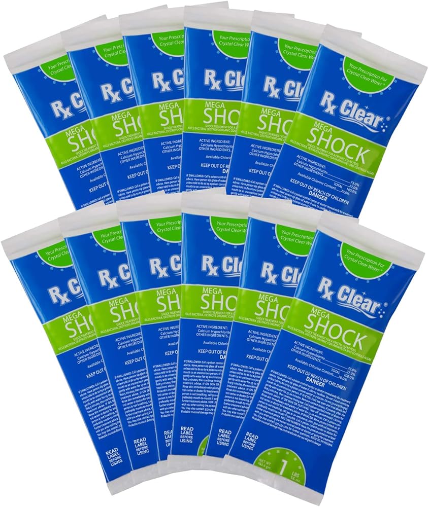 Rx Clear Mega Shock | 73% Calcium Hypochlorite | Kills Algae in Swimming Pools | Works As Pool Sanitizer Clarifier and Algicide | One Pound Bags | 12 Pack