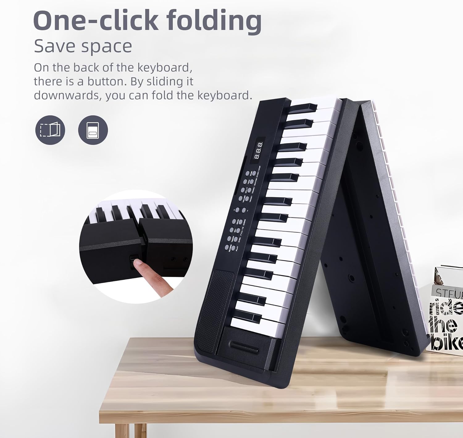 ADM 61 Key Folding Electric Piano Keyboard, Foldable Electronic Keyboard, Wireless 128 Tones, 128 Rhythms Includes Pedal, Gig Bag, Headphones for Beginners, Students, Teenagers, Adults, Black