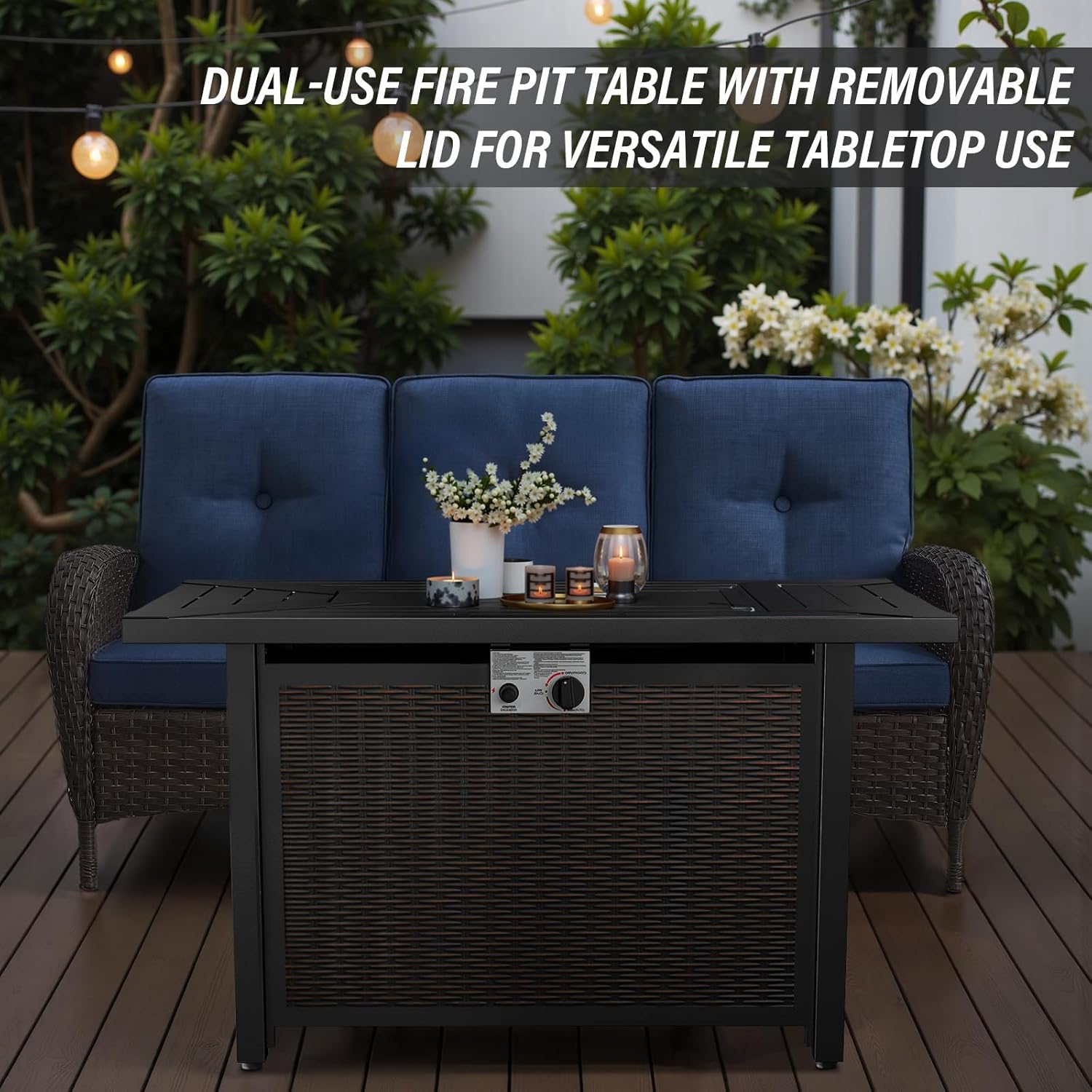 Belord 50000 BTU Propane Fire Pit Table - 43 Inch CSA-Certified Outdoor Fire Table with Lid and Glass Wind Guard 2 in 1 Rectangular Fire Pit Table for Patio Deck Garden and Outdoor Ambiance