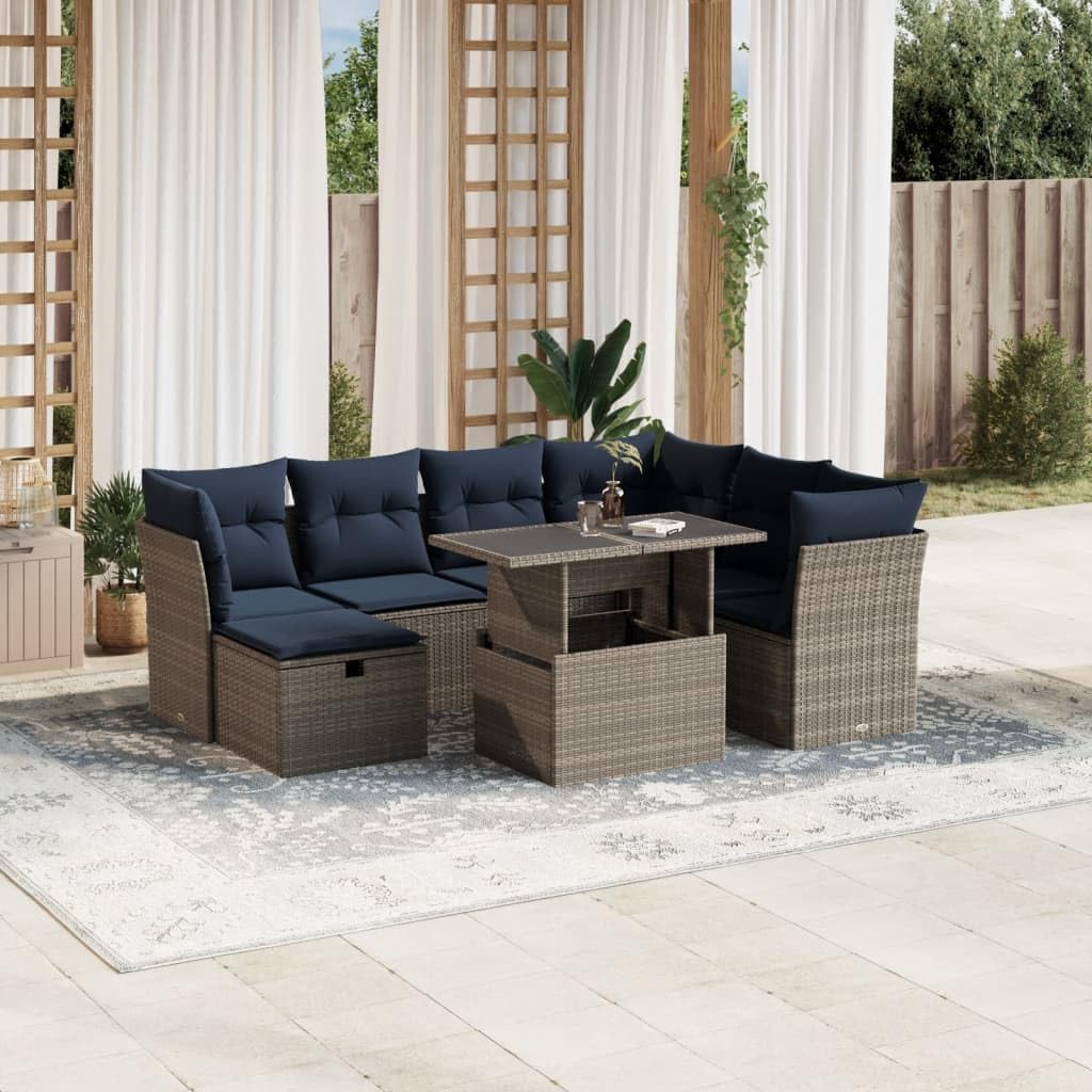 8 Piece Garden Sofa Set with Cushions, Grey Poly Rattan Outdoor Furniture, Adjustable Dining Table, Patio Furniture Set for Backyard