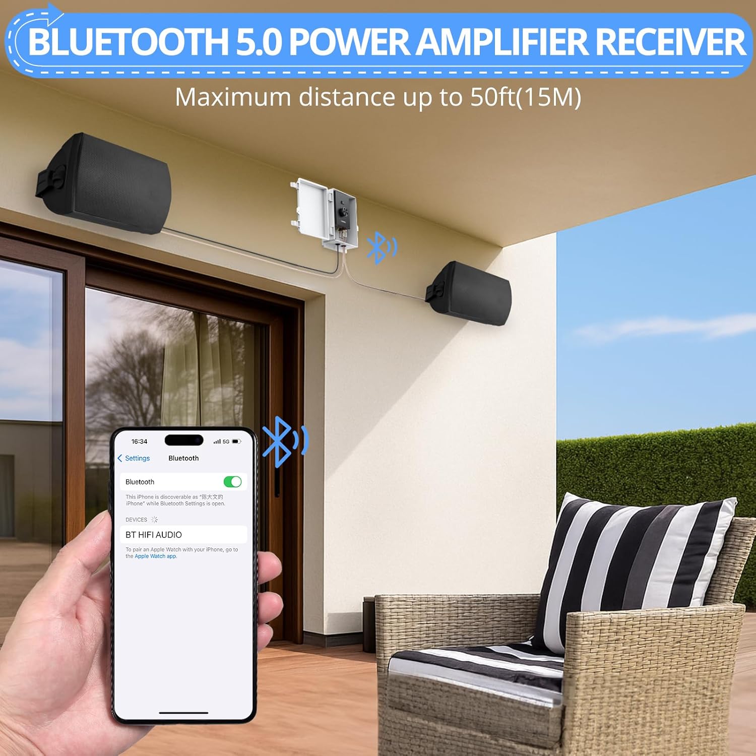 CAMWAY Bluetooth 5.0 Power Amplifier for Outdoor Speakers 4-8 Ohms - Peak Power 200W+200W Home Party Audio Stereo Bluetooth Amplifier Receiver with Waterproof Mount Box,Pro TPA3221 Chip Clear Sound