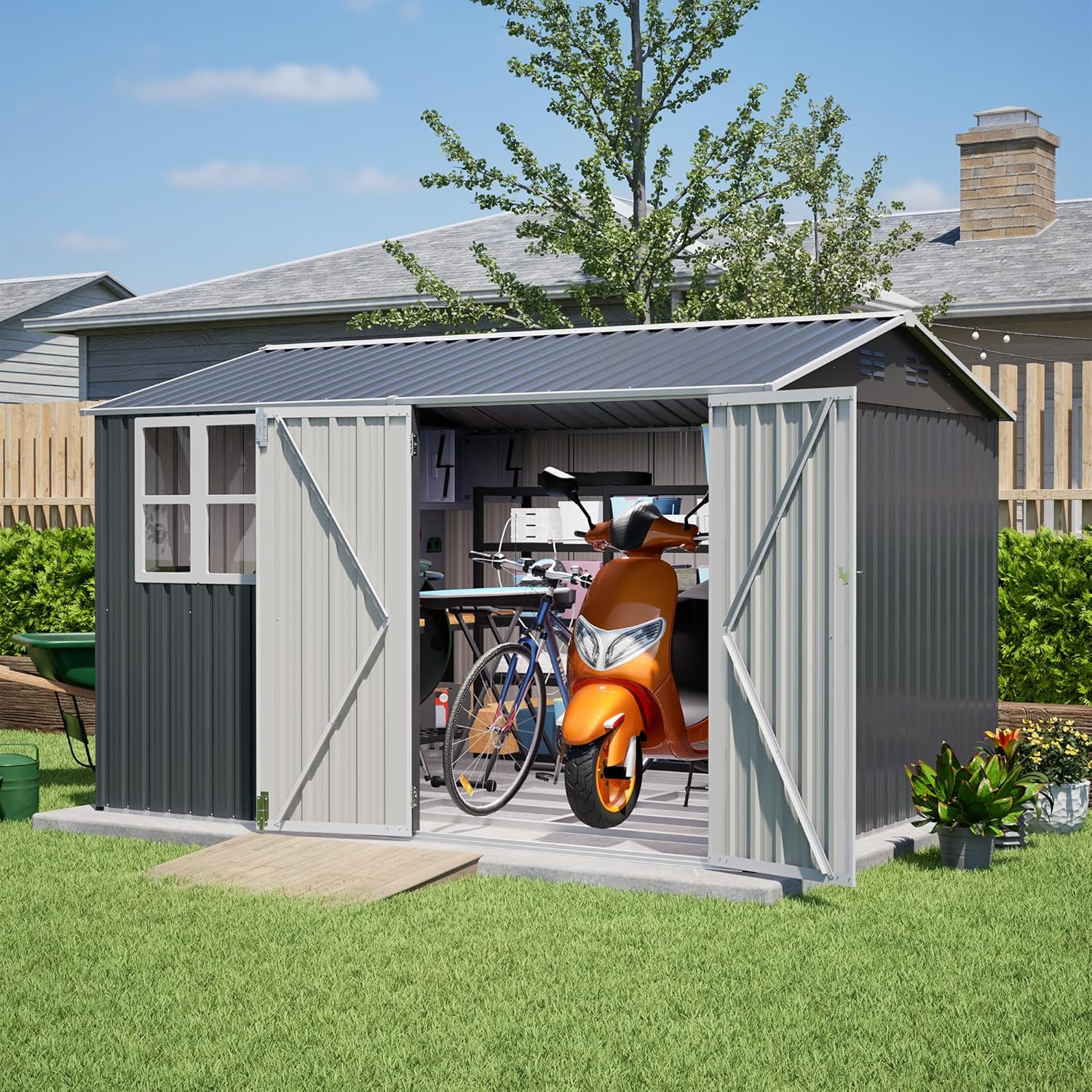 10x14 FT Outdoor Storage Shed,Metal Shed W/Lockable Doors & Floor Frame,Garden Tool House W/Sloped Roof & 4 Air Vents,for Backyard Patio Lawn,Light Gray