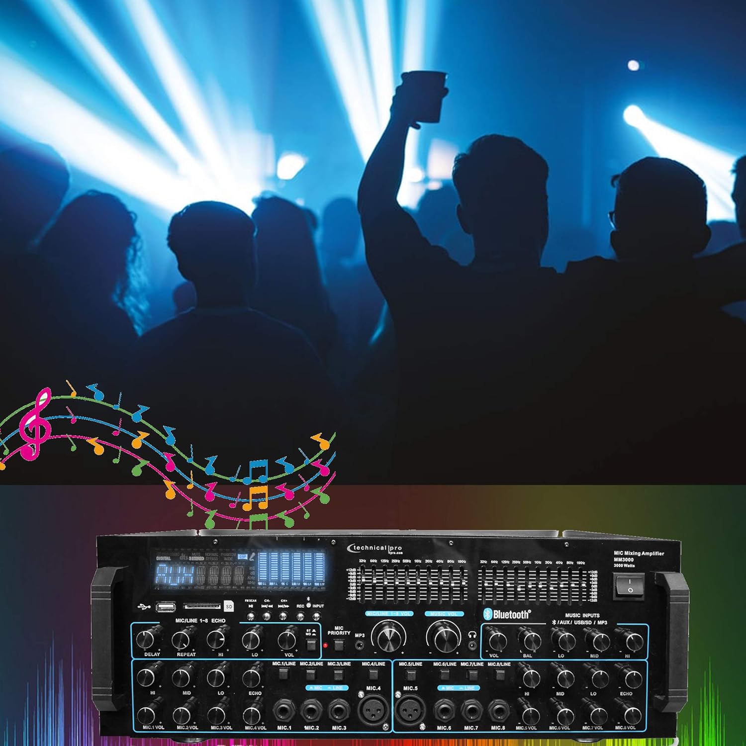 Technical Pro 3000 Watts Professional Mic Mixing Amplifier w/USB SD Card Inputs, Bluetooth Compatibility, Built-in Dual 10 Band Equalizers, for Karaoke Audio Home Stereo Receiver Box System
