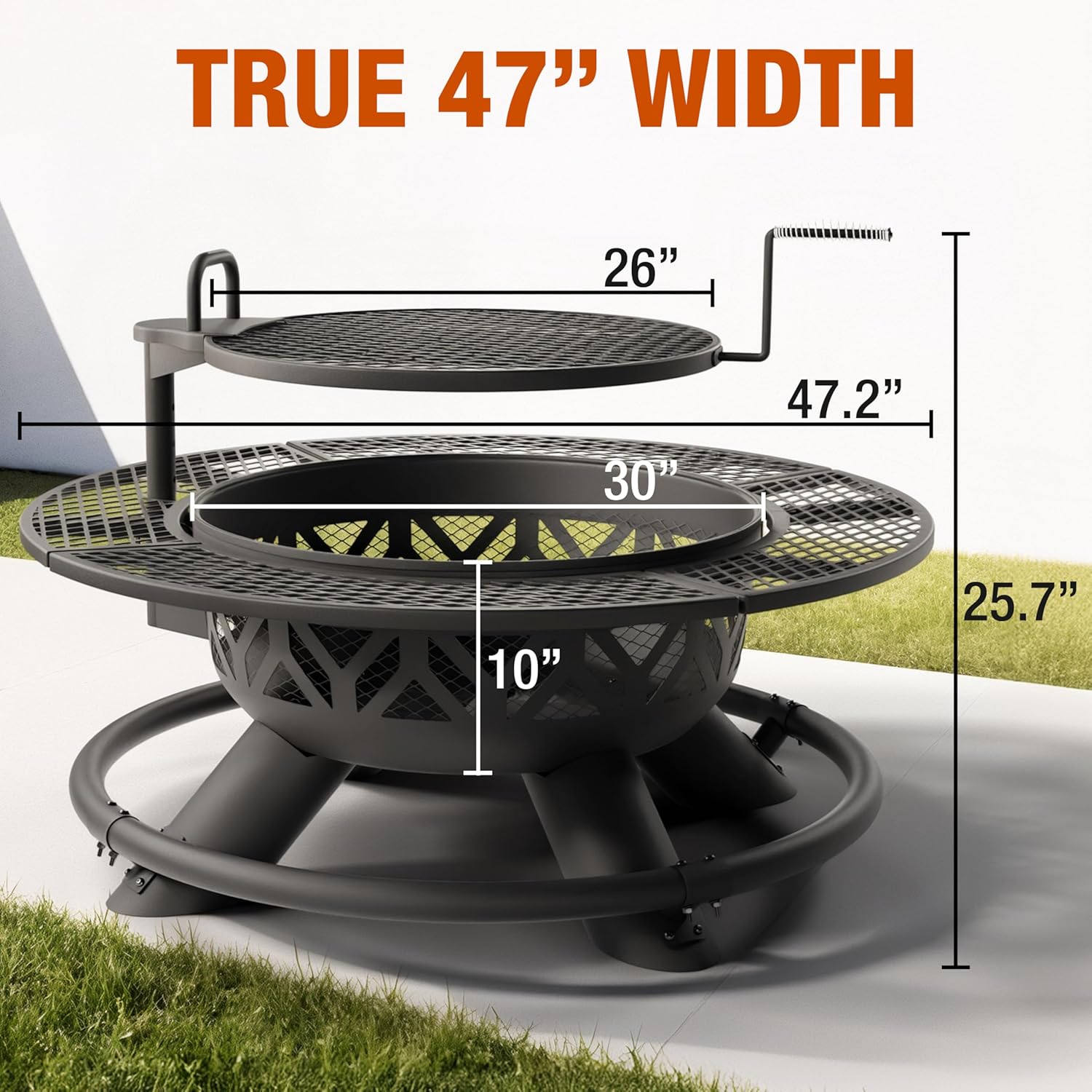 47 Inch Heavy Duty Steel Fire Pit with Grill, Large Outdoor Fire Pits for Outside Wood Burning, BBQ