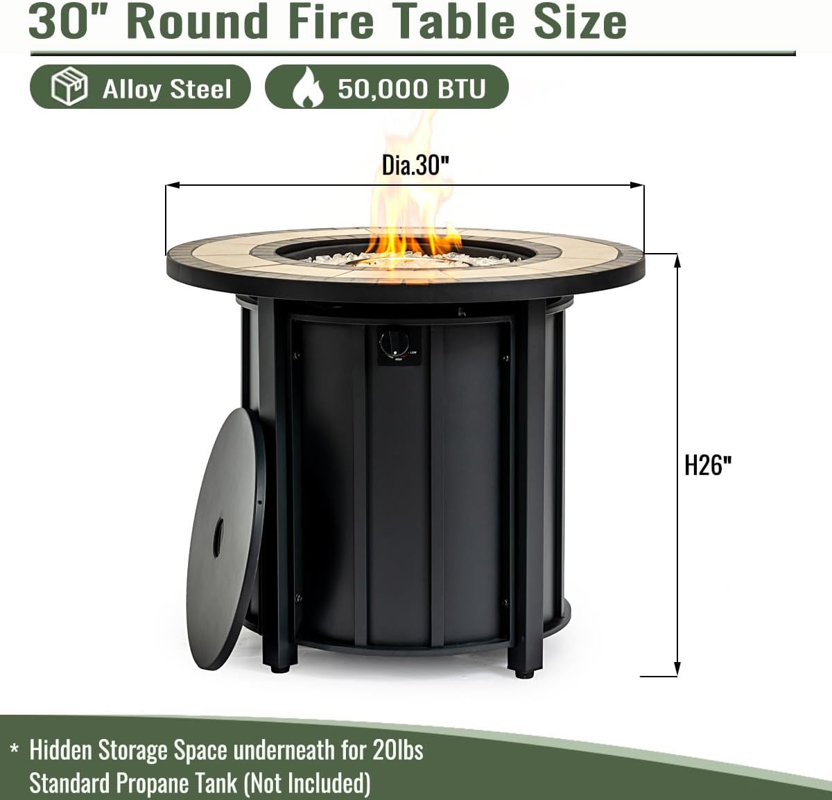 30 Inch Round Steel Fire Pit Table with Mosaic Ceramic Top, Black Finish Propane Fire Table Features 50,000 BTU Output and All-Weather Construction for Patio and Garden Use