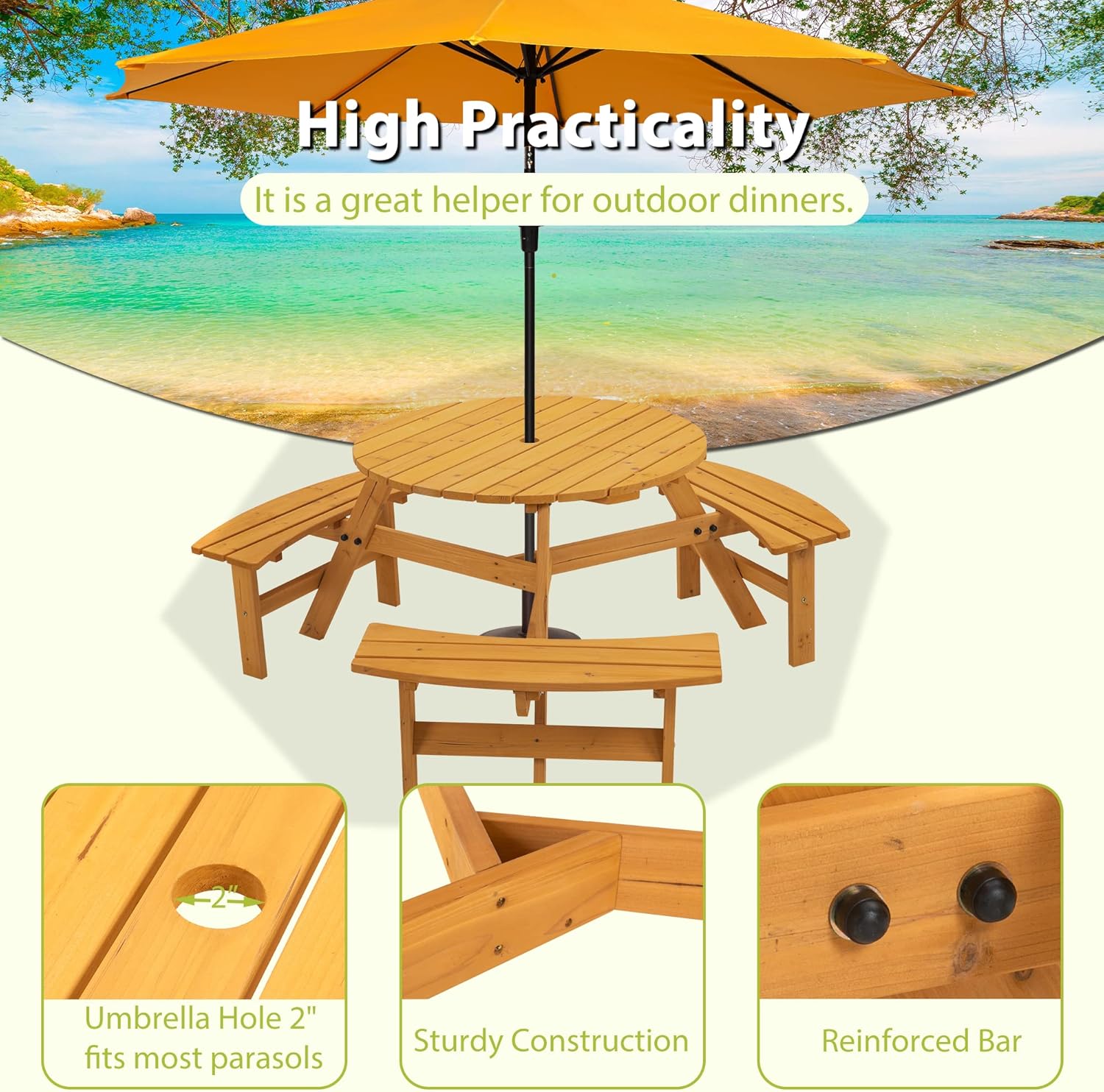 Picnic Table for 6-8 Outdoor Table and Chairs Circular Outdoor Wooden Picnic Table with Curved Benches - 35