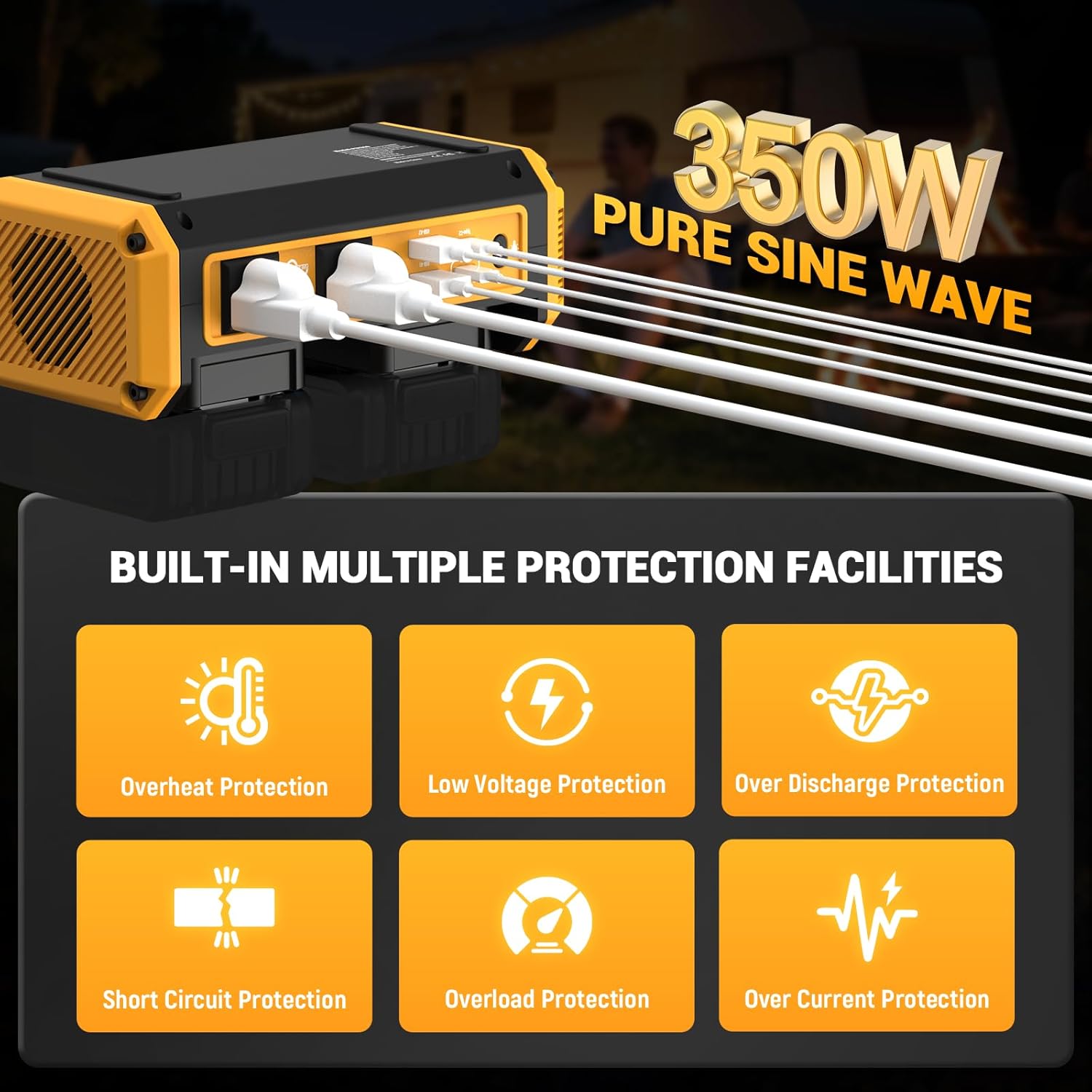350W Pure Sine Wave Power Inverter Compatible with Dewalt 20V Battery, DC 20V to AC 120V Inverter, 7A Fast Charger & 2 AC Outlet, 2 USB Ports & 2 Type-C Ports, 600LM LED Work Light (No Battery)