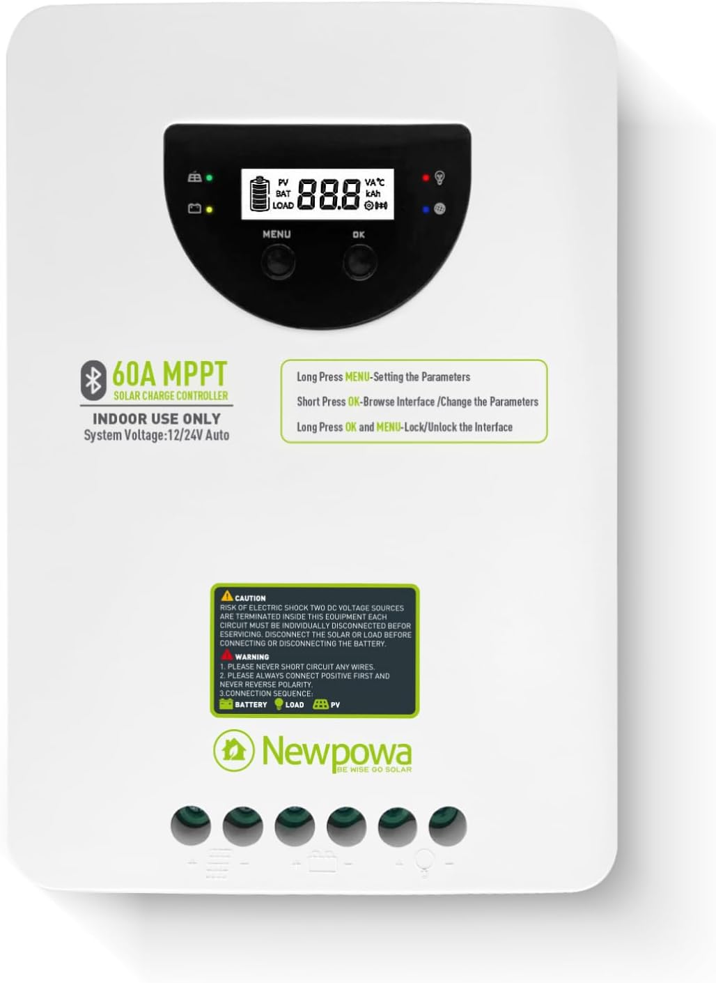 Newpowa MPPT 60A 12/24V Solar Charge Controller with LCD and Bluetooth for Solar Panel Control for Gel Sealed Flooded Lithium Battery