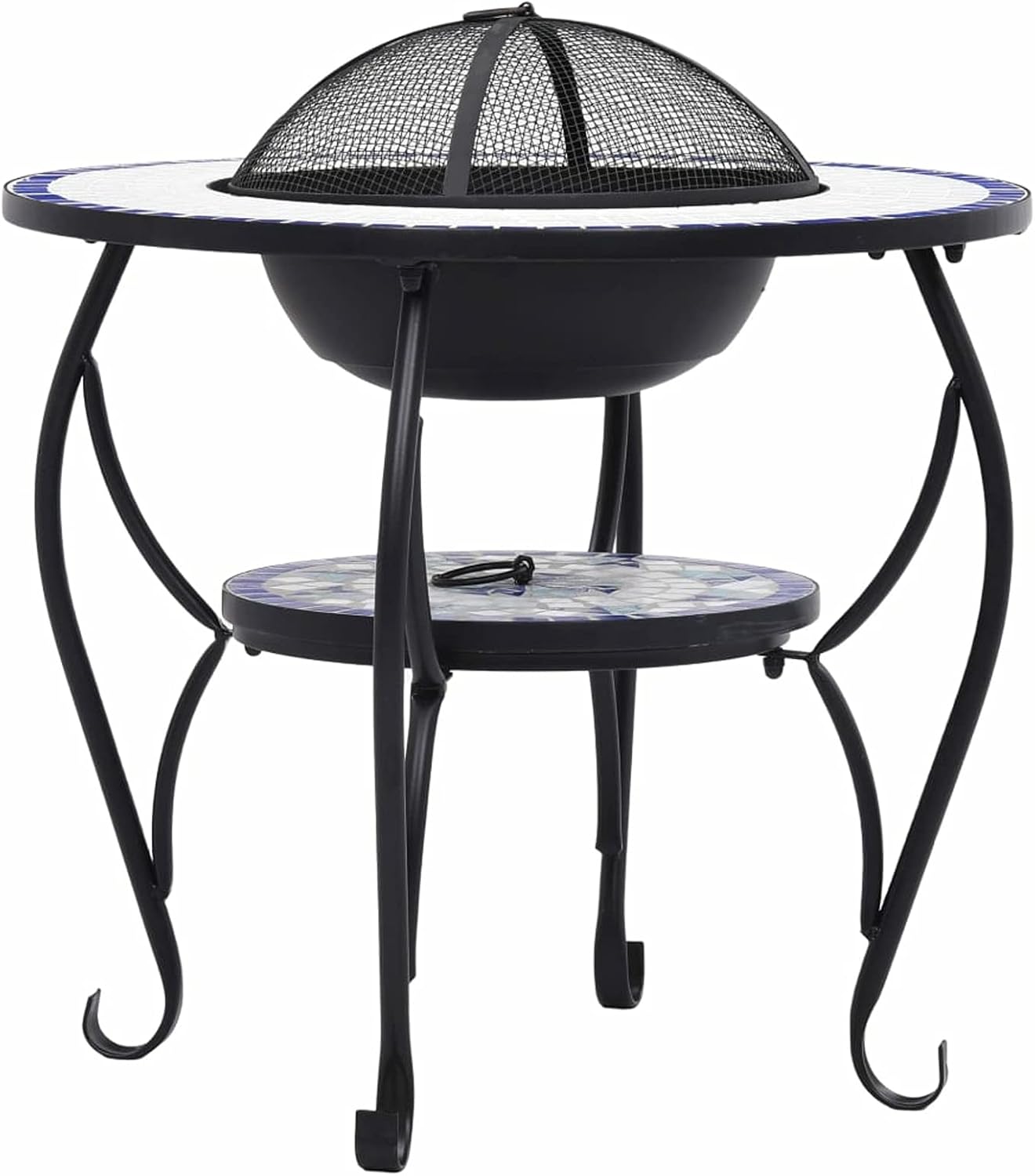 Mosaic Fire Pit Table, Ceramic Round Surface for Outdoor Heating and Barbecue, Blue and White, 26.8 Inch, Steel and Ceramic, for Garden or Patio