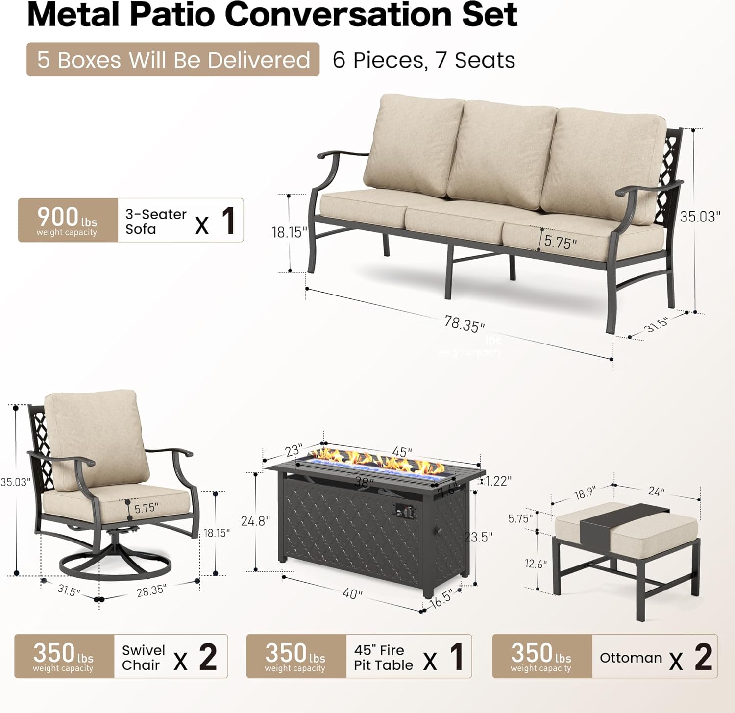 Patio Furniture Set with Firepit Table, Metal Outdoor Patio Furniture, 2 Swivel Chairs, 3 Seater Sofa, 2 Ottomans with 5.75