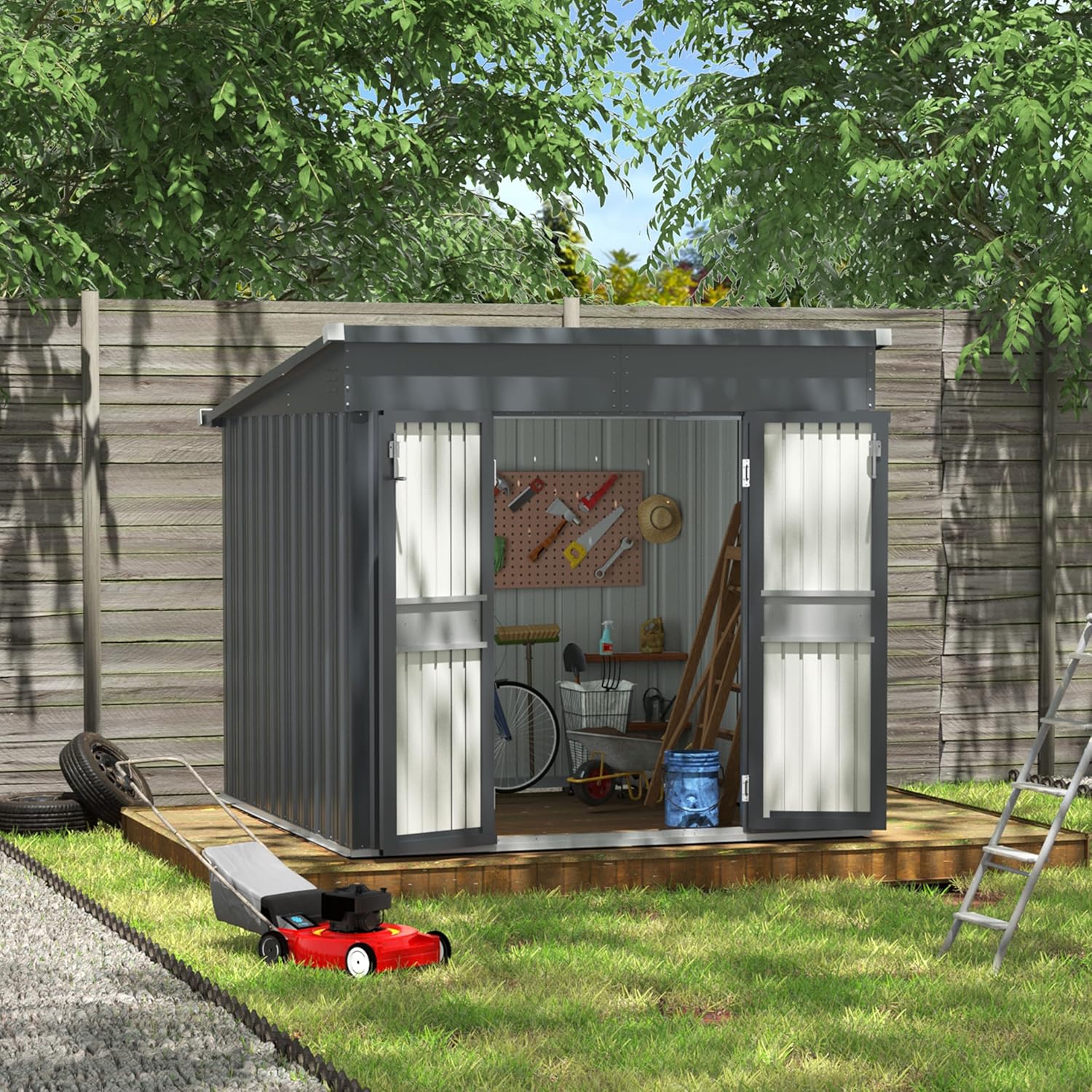 BlueWish 7’x8’ Metal Storage Shed, Outdoor Storage Shed with Sloped Galvanized Roof, Patio Utility Tool Shed Storage House with 2 Vents for Backyard and Garden, Gray