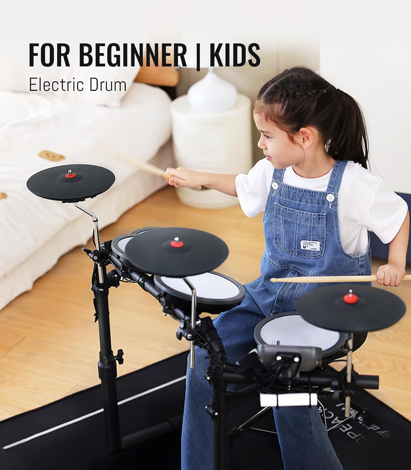 MK-0 Electric Drum Set with 7'' Quiet Mesh Drum Pads, 8'' Full Rubber Cymbals, 12 Kits and 68 Authentic Sounds, USB MIDI, Throne, Sticks, Headphone, 2 Switch Pedals for Beginners & Kids