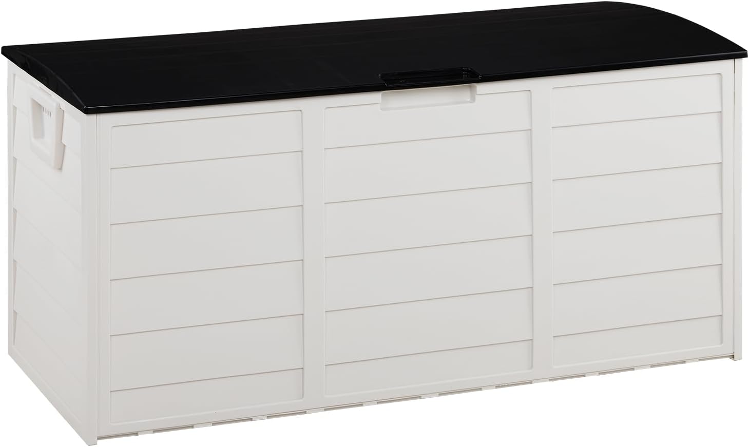 Medium Sized Outdoor Storage Box With Lid, Deck Boxes Waterproof, Plastics Outdoor Storage Cabinet, Push-Pull Patio Storage Box With 2 Pulleys At The Bottom(75Gal) (White black)
