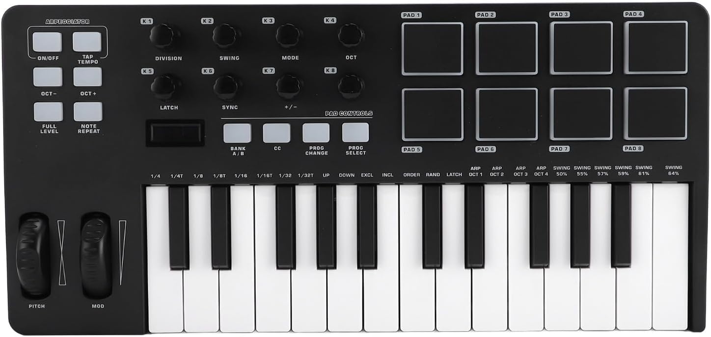 MIDI Controller, 25 Key USB MIDI Keyboard Controller, MIDI Keyboard with DAWs, 8 Backlit Drum Pads, 8 Knobs and Music Production Software Included