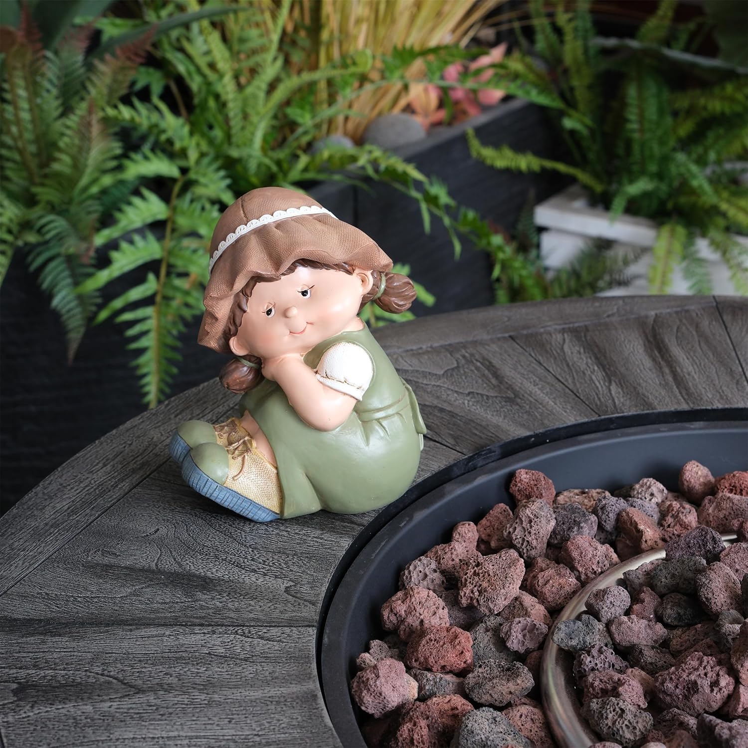 Square Stonecrest Outdoor Propane Fire Pit – 50,000 Btu Concrete Gas Fire Table with Lava Rocks & Acacia Wood Cover for Patio, Deck, Backyard (1 Doors)