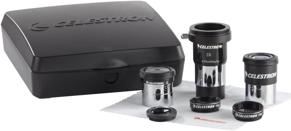 Celestron AstroMaster 8-Piece Eyepiece & Filter Accessory Kit - Includes Two 1.25” Eyepieces, 2X Barlow Lens, Three Filters, Cleaning Cloth and Hard Case Black