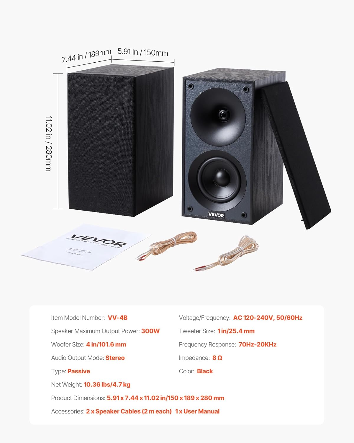 VEVOR Passive Bookshelf Speaker, 300W, Book Shelf Stereo Speakers with 4-Inch Woofer and 1-Inch Tweeter, Detachable Grille, 70Hz-20KHz Frequency Response, Wooden Enclosure, for Home Theater (1 Pair)