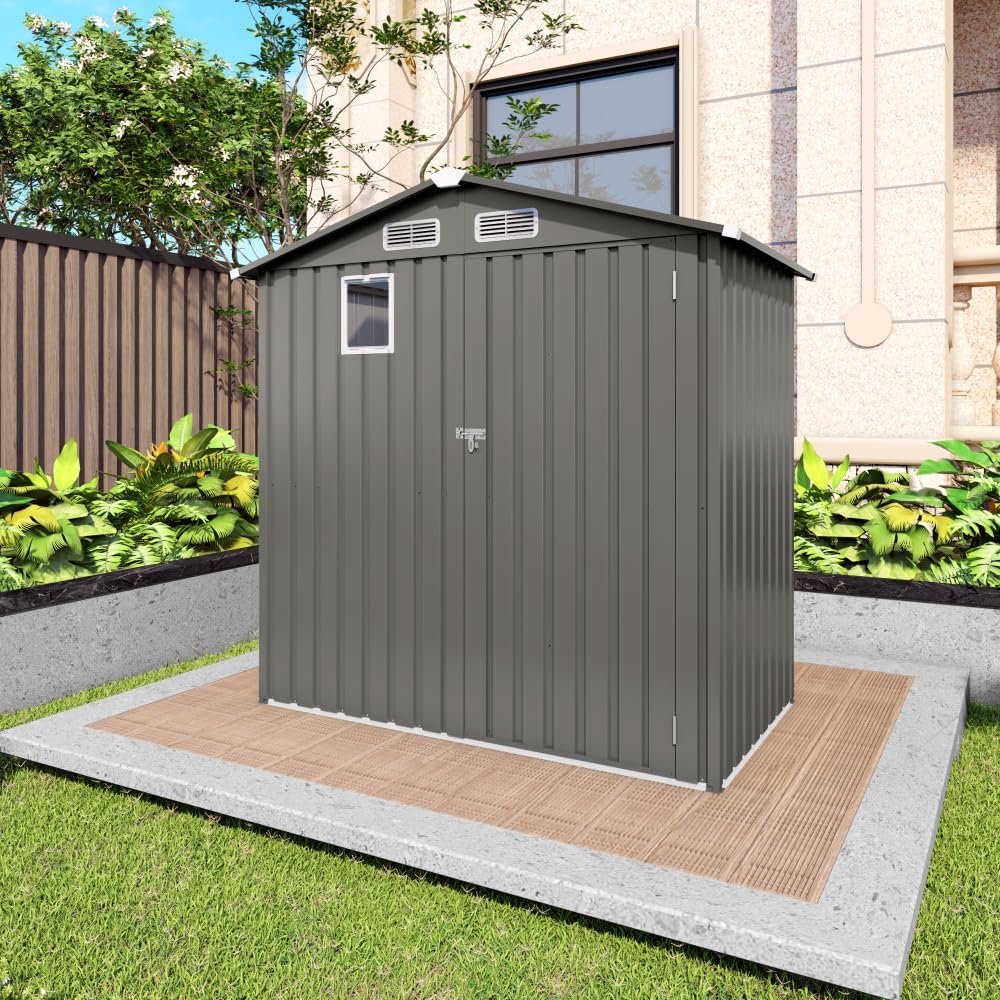 6X3.6FT Metal Storage Shed - Peaked Roof Tool Shed Clear Window Lockable Door for Garden Backyard Patio (6x3.6FT+Gray)