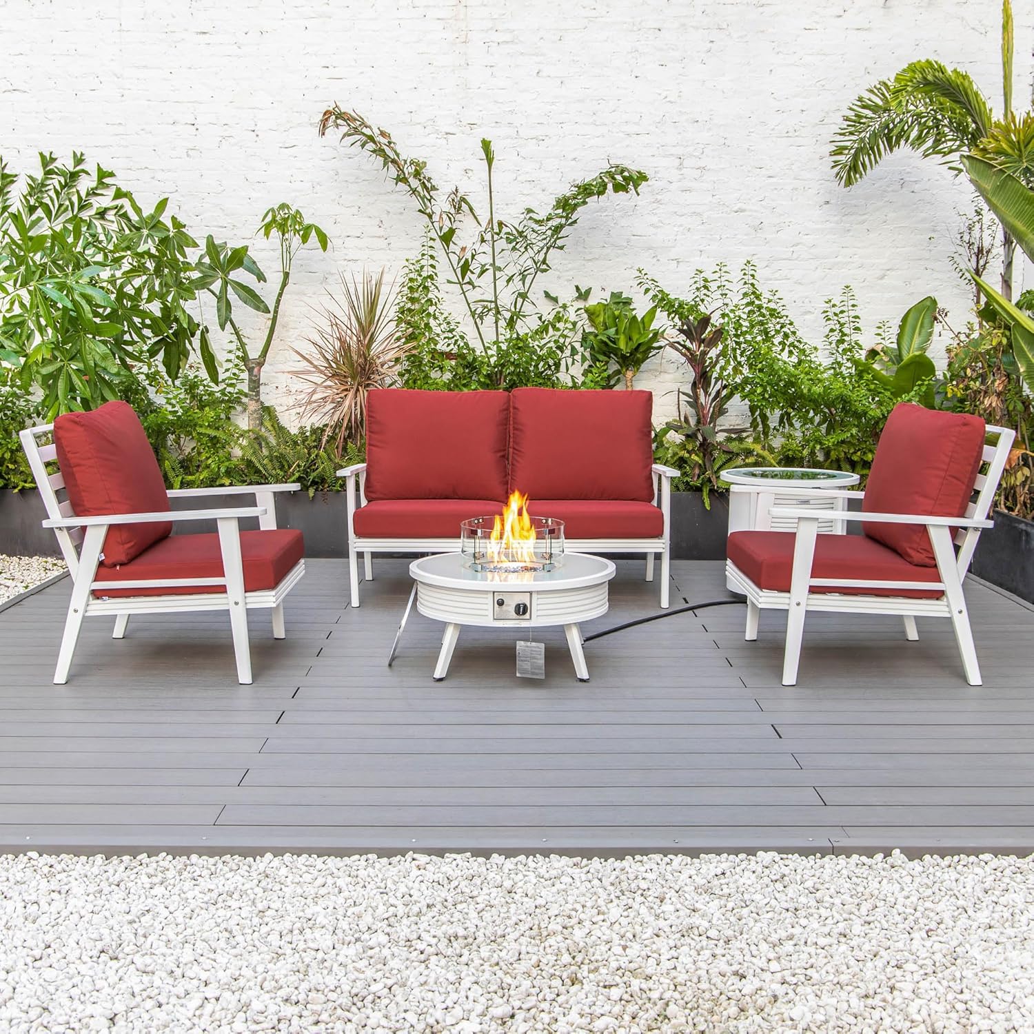 LeisureMod Walbrooke Modern Aluminum 5-Piece Patio Conversation Set with Outdoor Round Fire Pit Slats Design & Side Table Tank Holder, Red