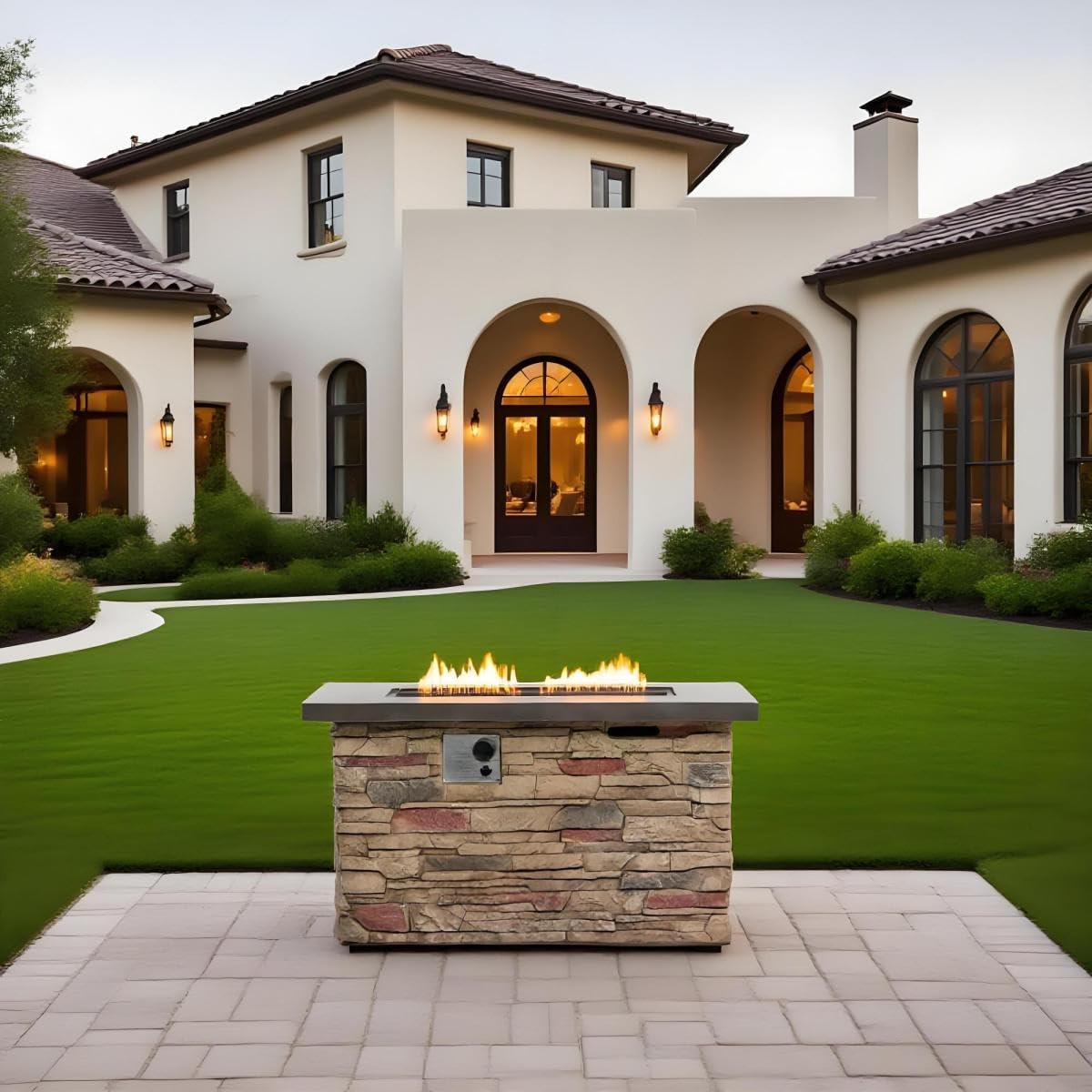 42-inch Rectangle Concrete Propane Fire Pit Table, 50,000 BTU Outdoor Gas Fire Pit with Stone Texture & Glass Beads for Patio, Garden, Backyard - Beige Multi-Color