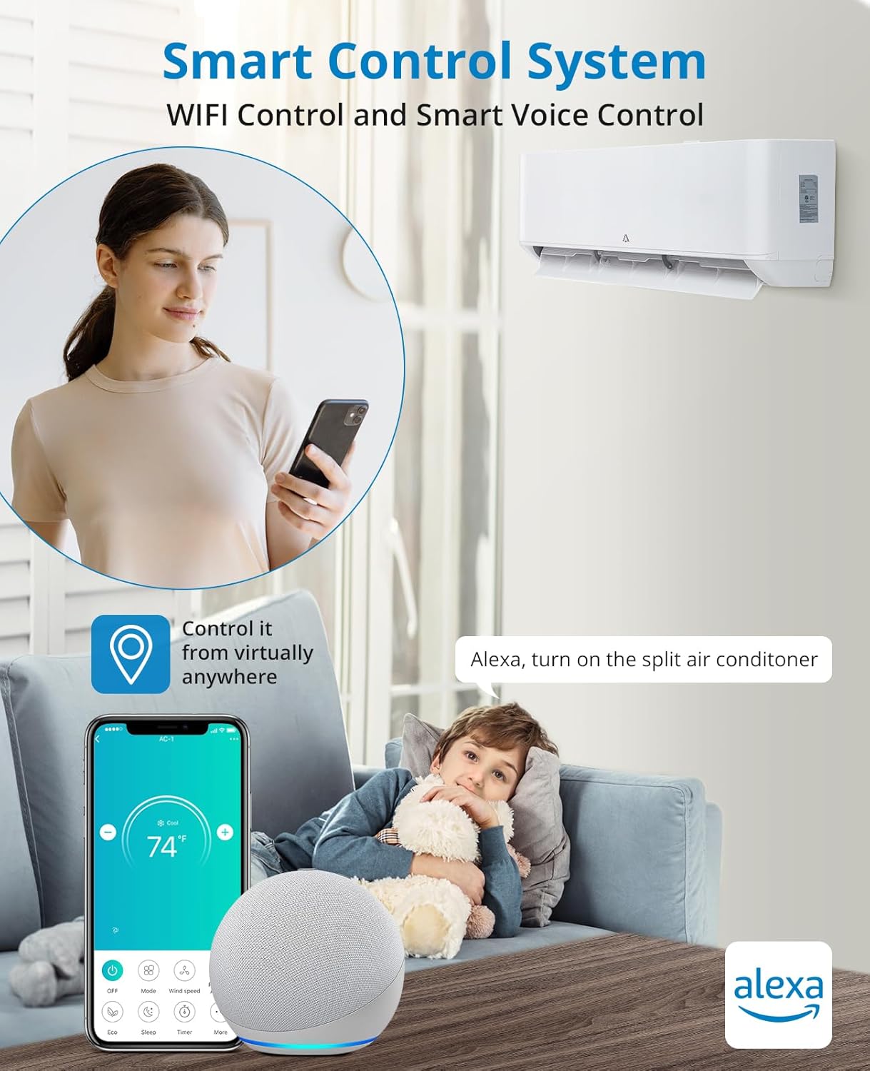 18,000 BTU Mini Split Air Conditioner, 23 SEER2 Wi-Fi Mini Split AC/Heating System, Inverter Ductless Air Conditioner w/Pre-Charged & Installation Kits, Cools Room up to 750 Sq. Ft, 208/230V, White