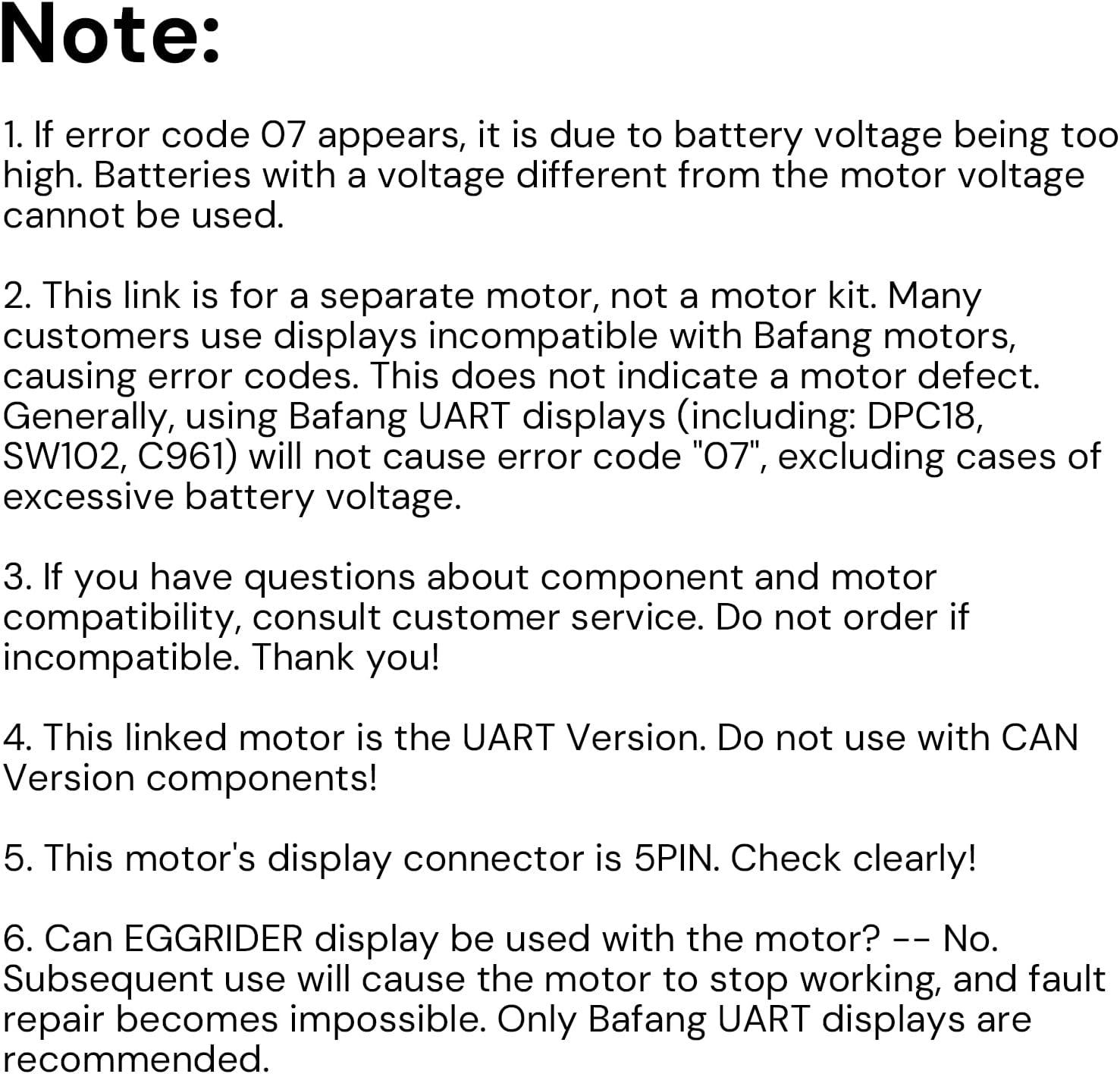BAFANG 36V/48V 250W/500W/750W/1000W UART Version Mid Drive Kits, BBS01B BBS02B BBSHD for 68mm Bottom Bracket(No Other Accessories, Such as displays, cranksets, Brake levers, or Throttle Grips.)