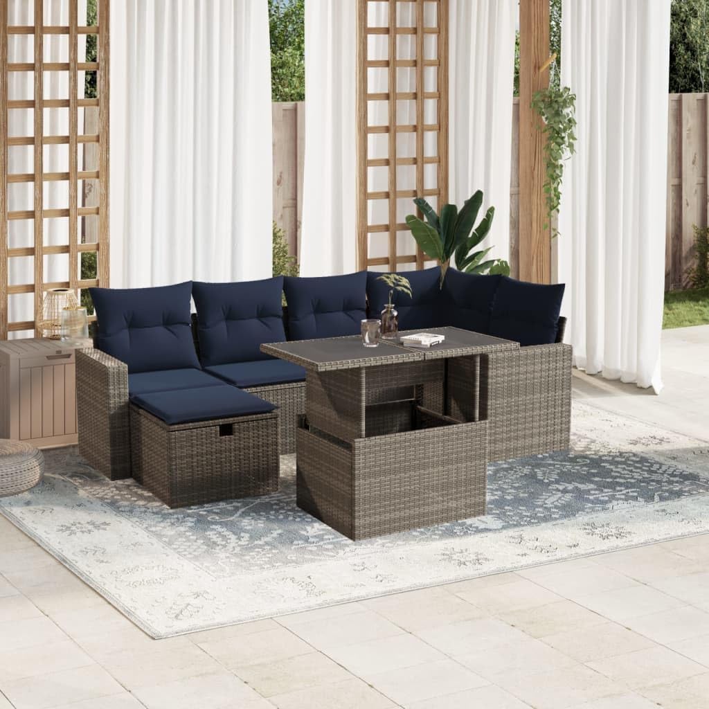 7 Piece Grey Poly Rattan Garden Sofa Set, Outdoor Patio Furniture with Cushions, Adjustable Table, Modular Design for Backyard Terrace